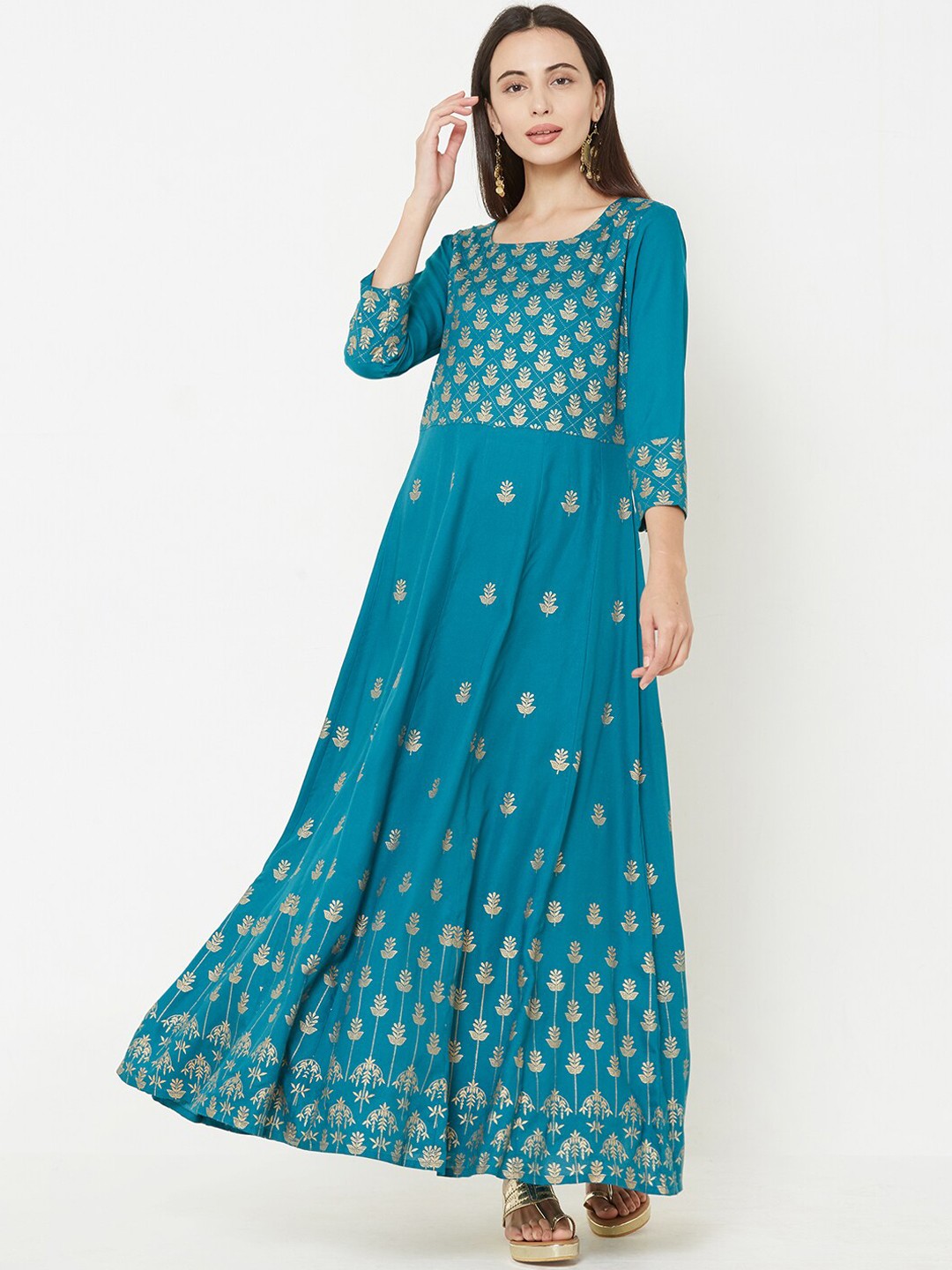 

FASHOR Women Teal Blue Printed Maxi Dress