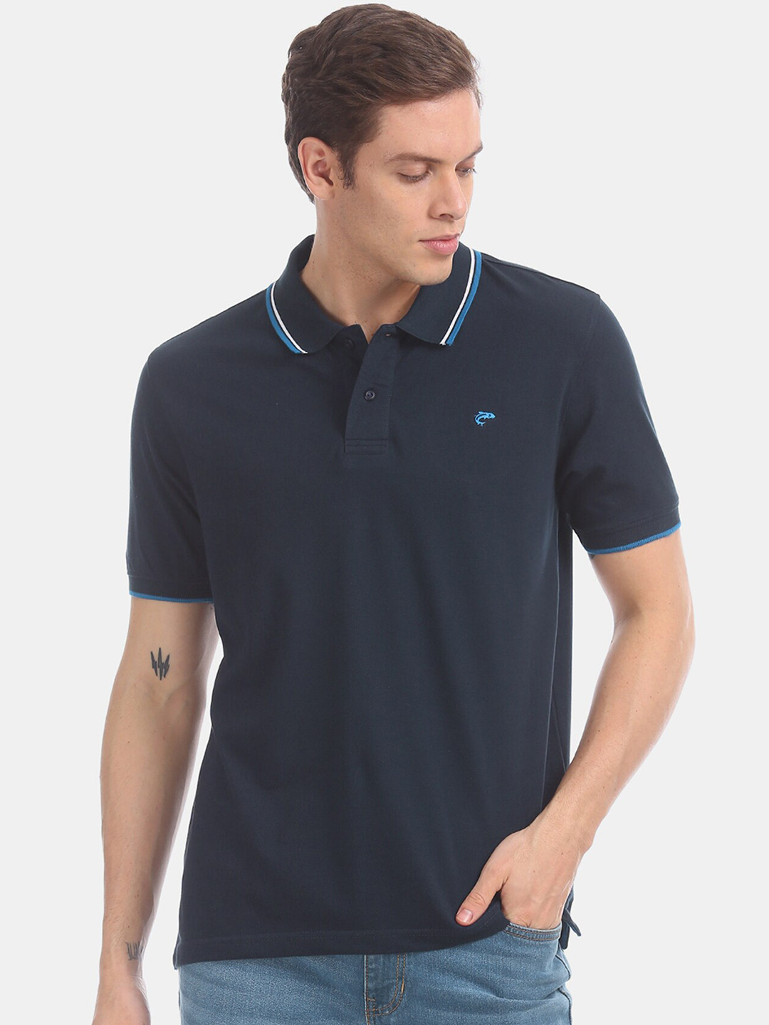 

Ruggers Men Navy Blue Solid Polo Collar Pure Cotton T-shirt