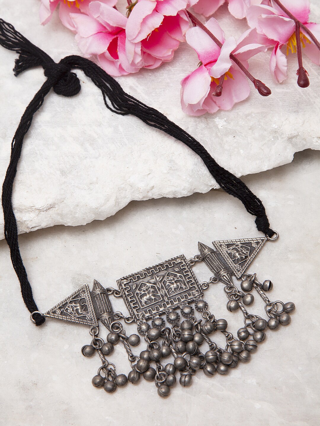 

Moedbuille Silver-Toned & Brass-Plated Handcrafted Tribal Temple Design Choker Necklace