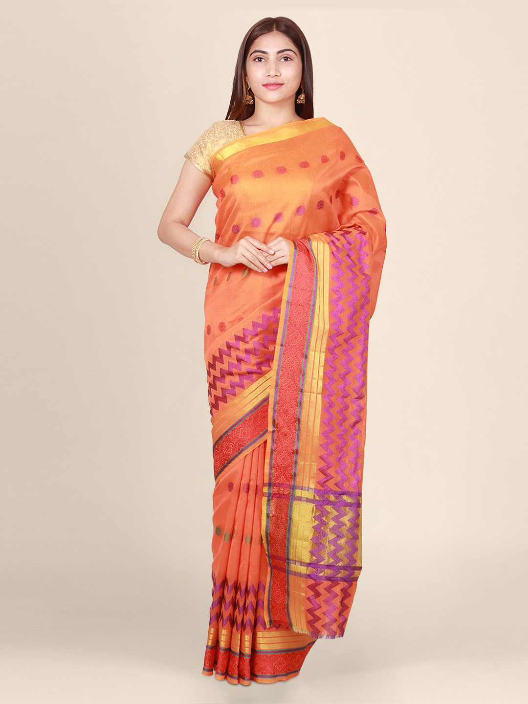 

CLAI WORLD Orange & Pink Silk Blend Woven Design Saree