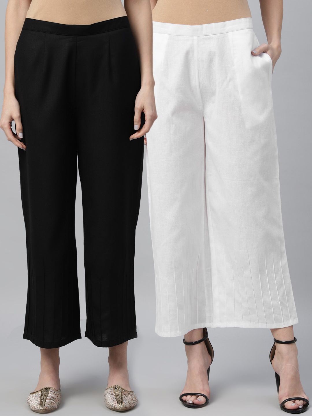 

Libas Women Pack Of 2 White & Black Solid Palazzos