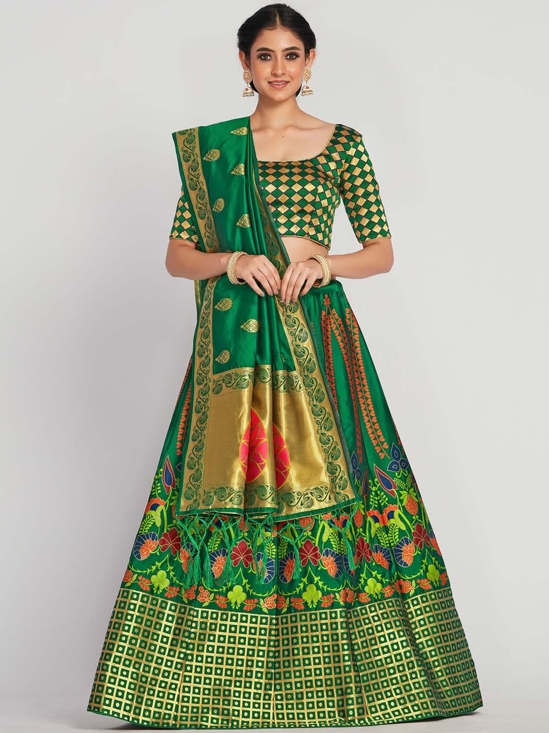 

MIMOSA Women Green & Gold-Toned Woven Design Semi-Stitched Lehenga & Unstitched Choli with Dupatta