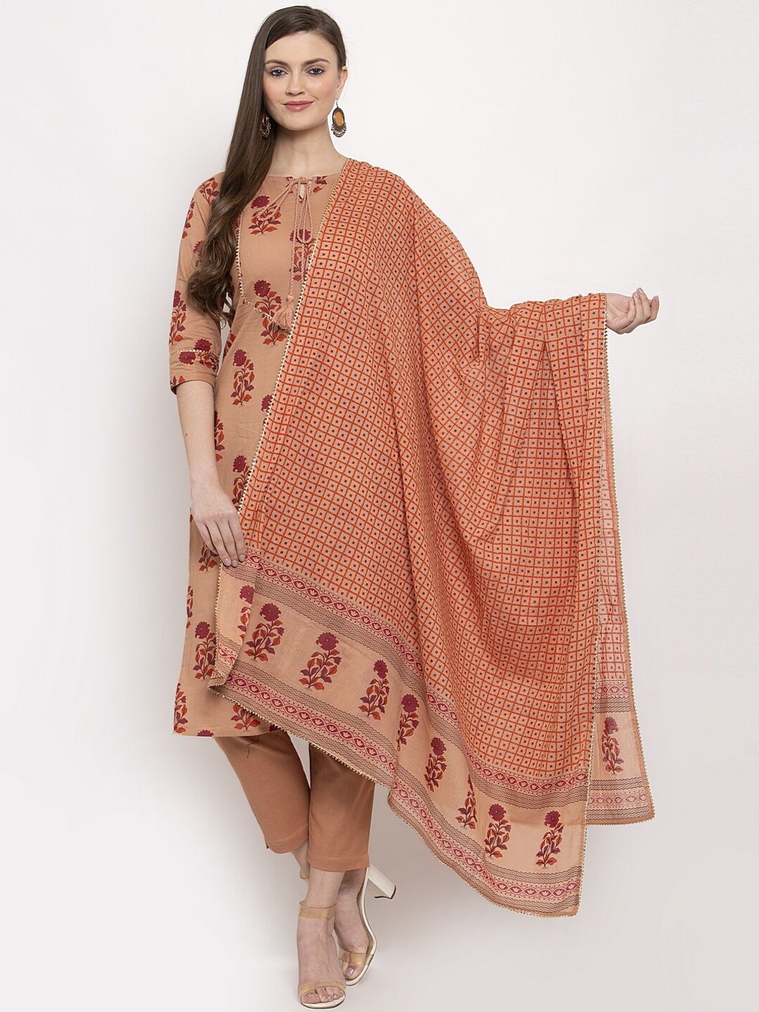 

Indibelle Women Beige Printed Kurta with Trousers & Dupatta