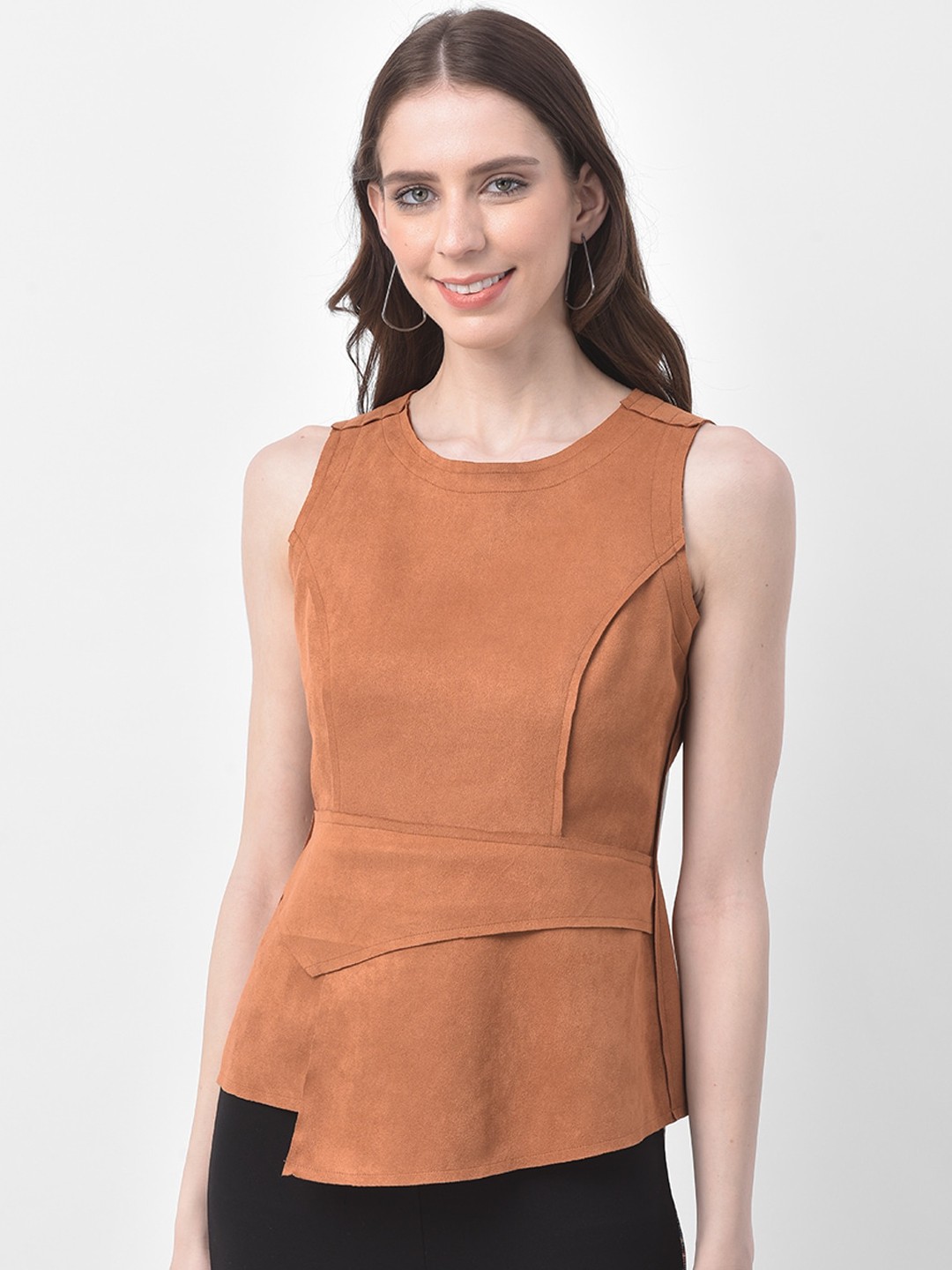

Latin Quarters Women Tan Brown Solid Suede Peplum Top