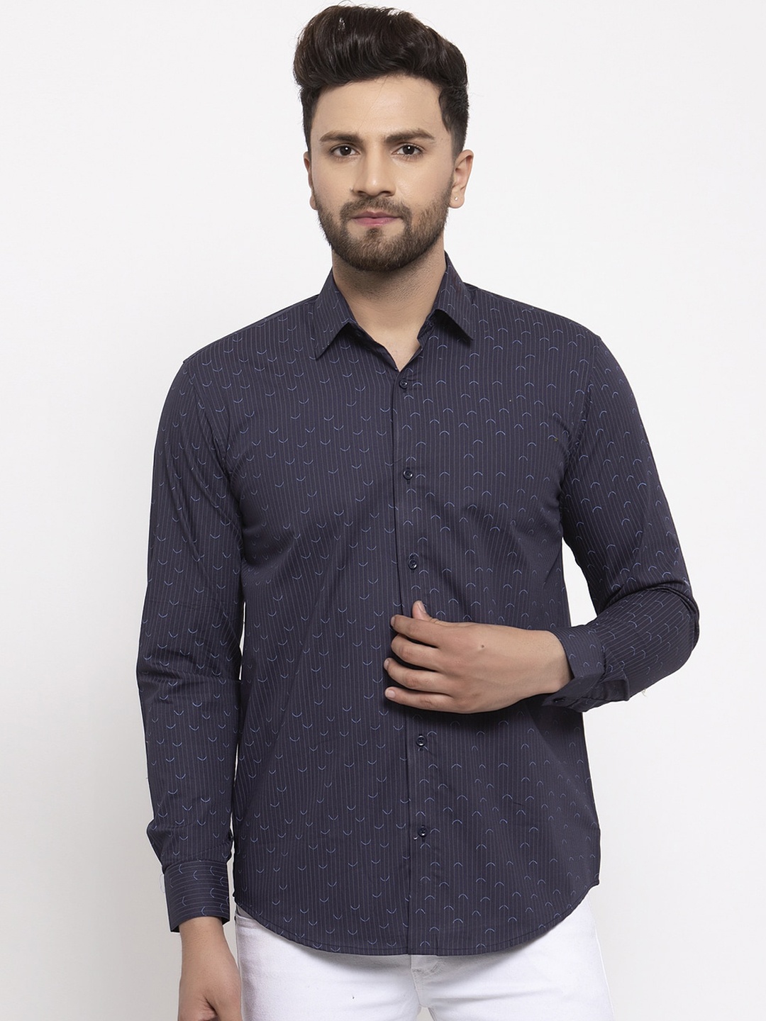 

JAINISH Men Navy Blue & Grey Slim Fit Striped Casual Shirt