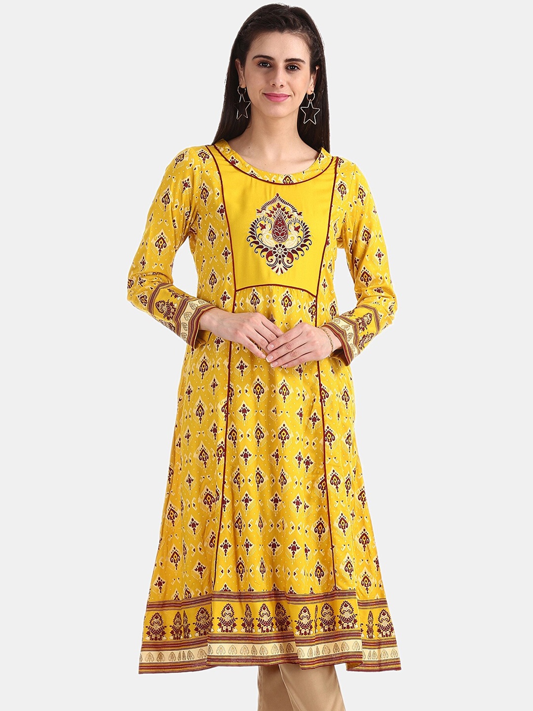 

Anahi Women Yellow Printed A-Line Kurta