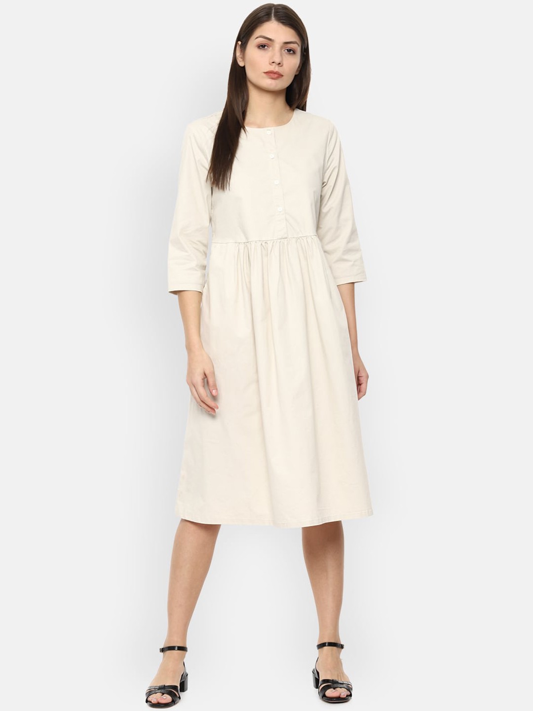 

Van Heusen Woman Women Cream-Coloured Solid A-Line Dress