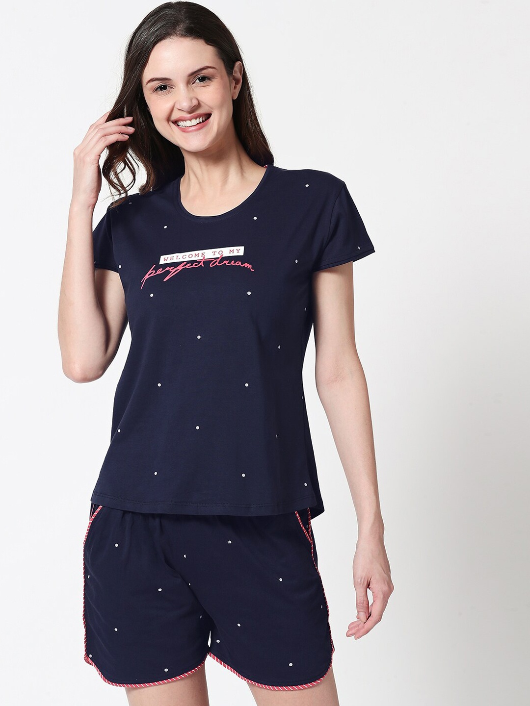 

Zeyo Women Navy Blue Printed Night Suit