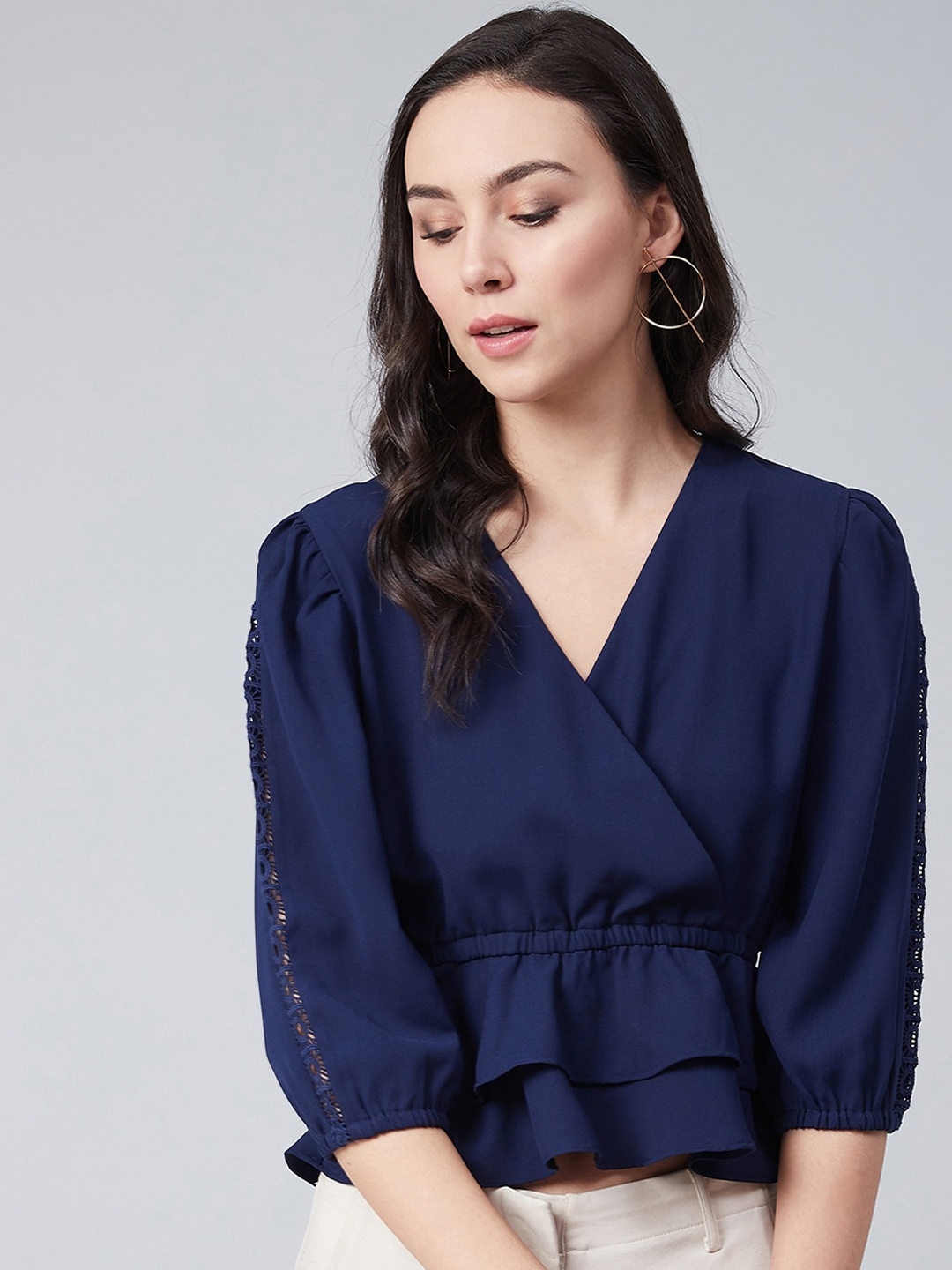

Marie Claire Women Navy Blue Solid Wrap Top