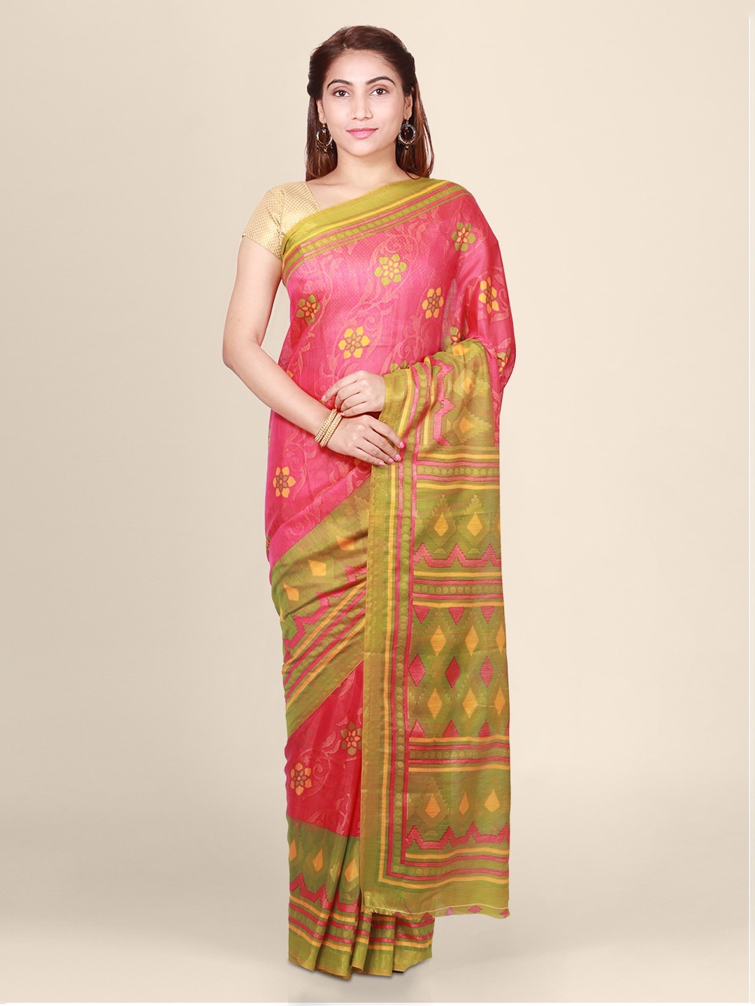 

CLAI WORLD Red Woven Design Brasso Saree