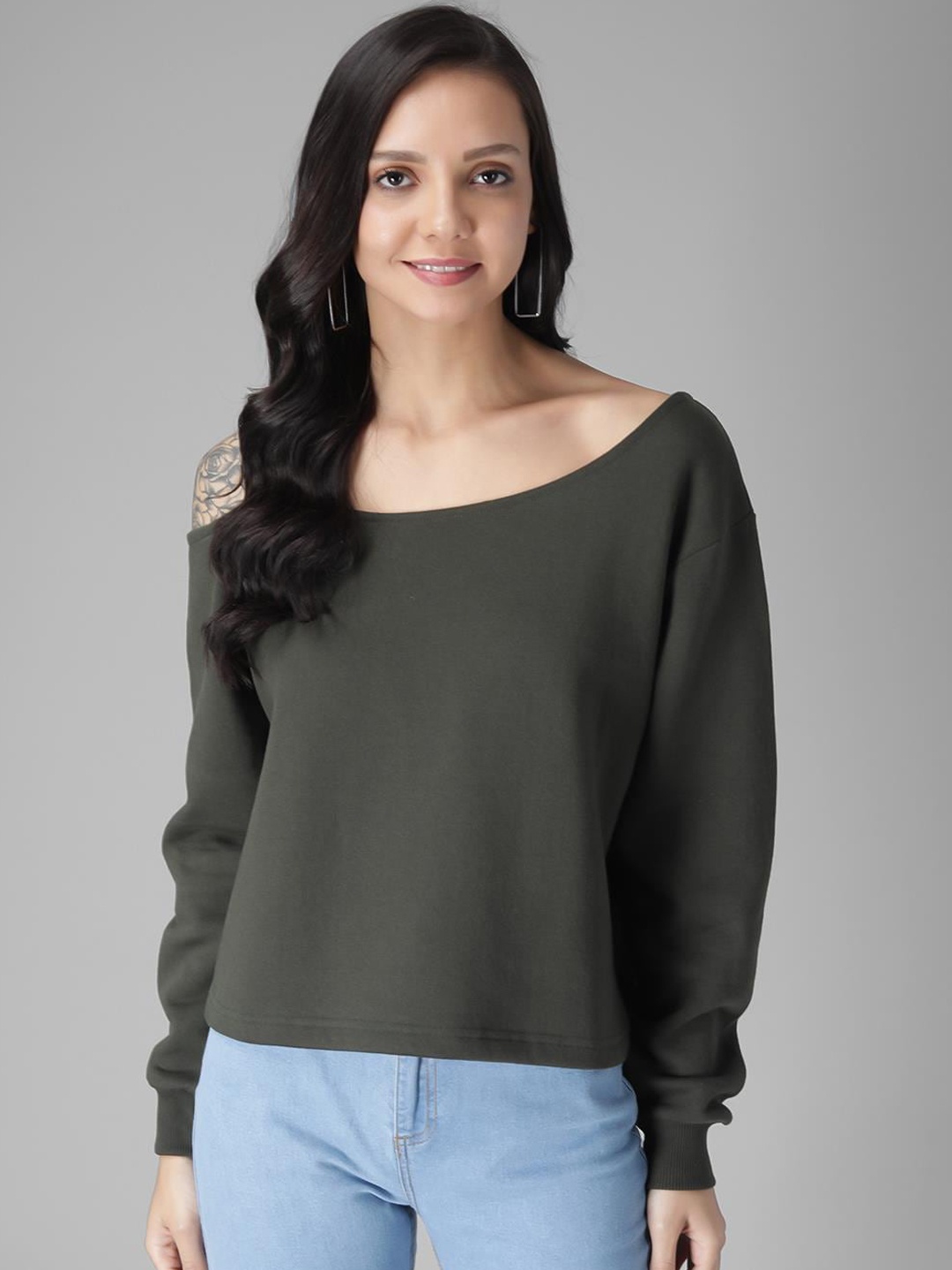 

Kotty Women Green Solid Sweatshirt, Olive