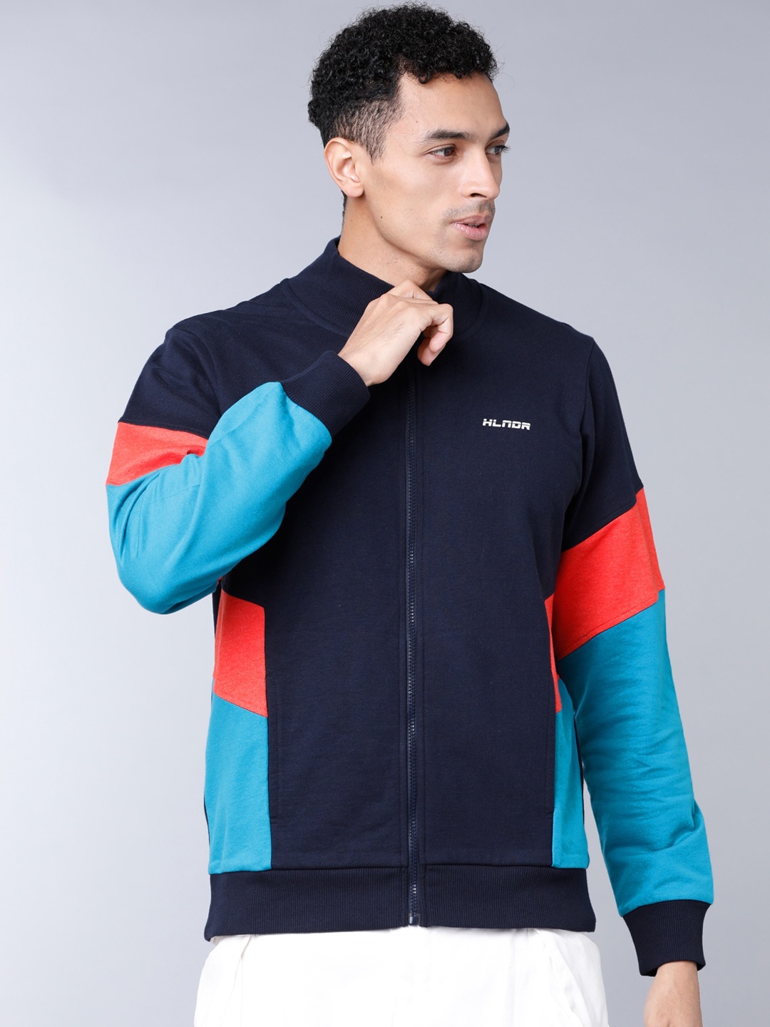 

HIGHLANDER Men Navy Blue & Orange Colourblocked Hooded Sweatshirt