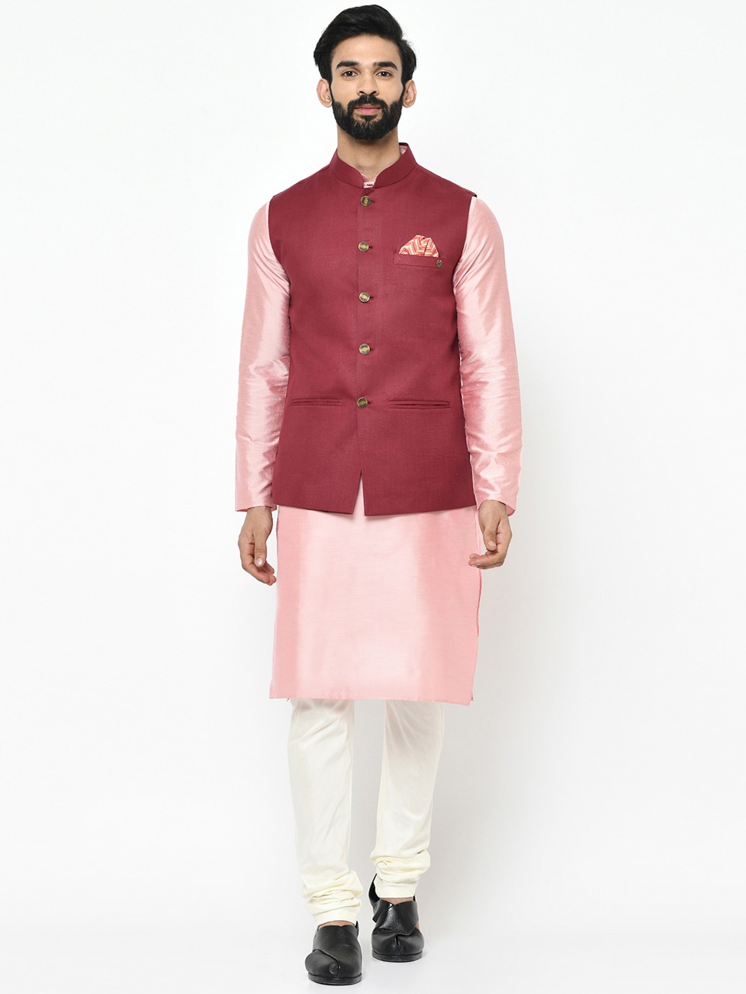 KISAH Men Pink & White Solid Kurta with Churidar & Nehru Jacket