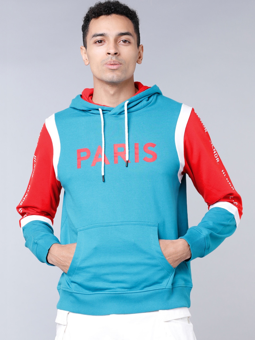 

HIGHLANDER Men Blue & Red Colourblocked Hooded Sweatshirt