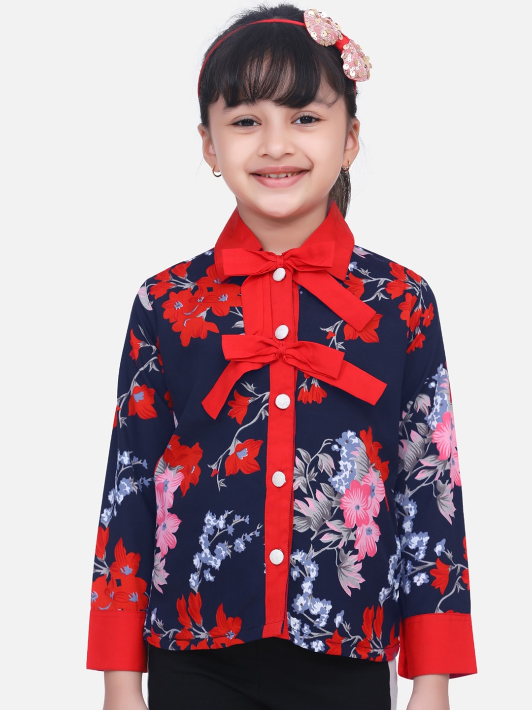 Cutiekins Girls Navy Blue Printed Shirt Style Top