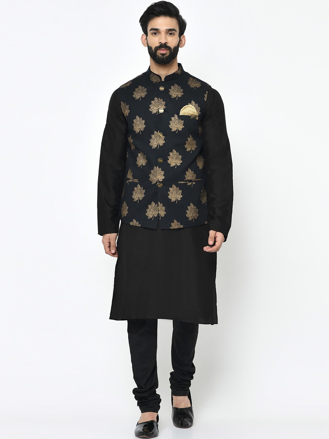 

KISAH Men Black & Gold-Toned Solid Kurta with Pyjamas With Jacket