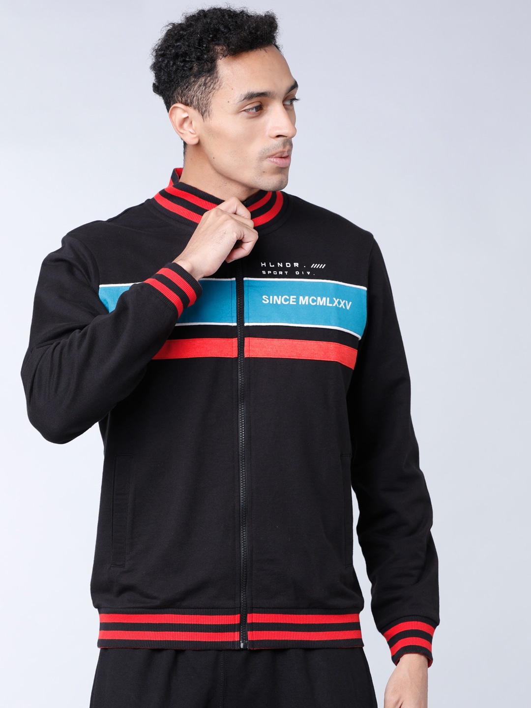 

HIGHLANDER Men Black & Teal Blue Colourblocked Sweatshirt