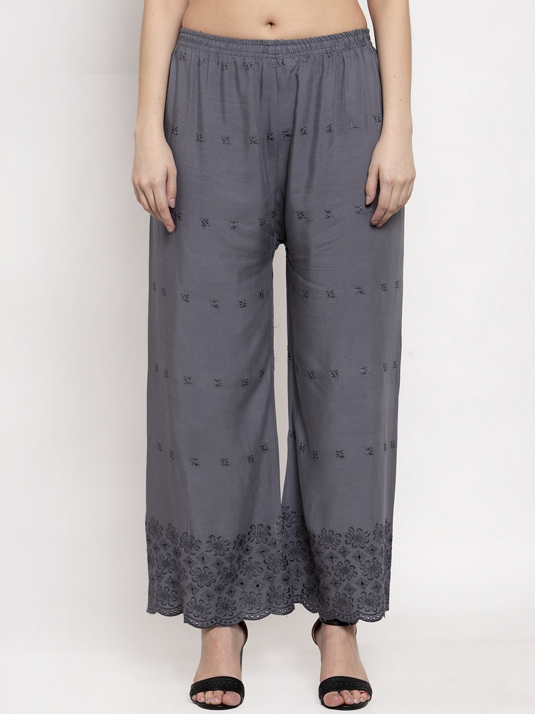 

Miaz Lifestyle Women Grey Embroidered Straight Palazzos