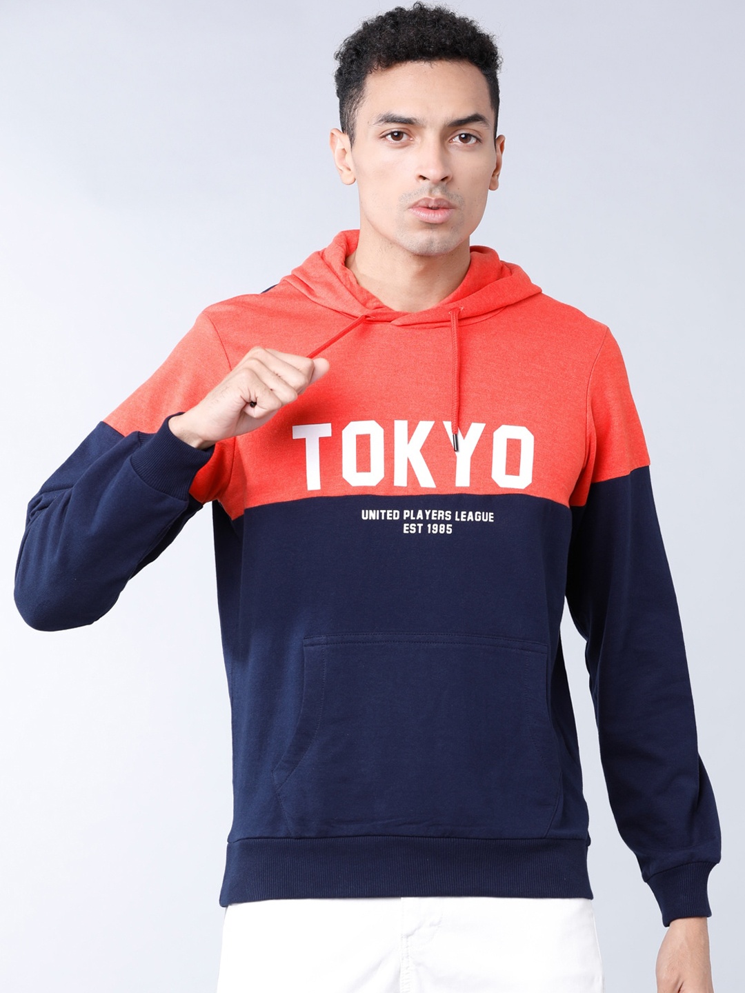 HIGHLANDER Men Navy Blue & Orange Colourblocked Hooded Sweatshirt