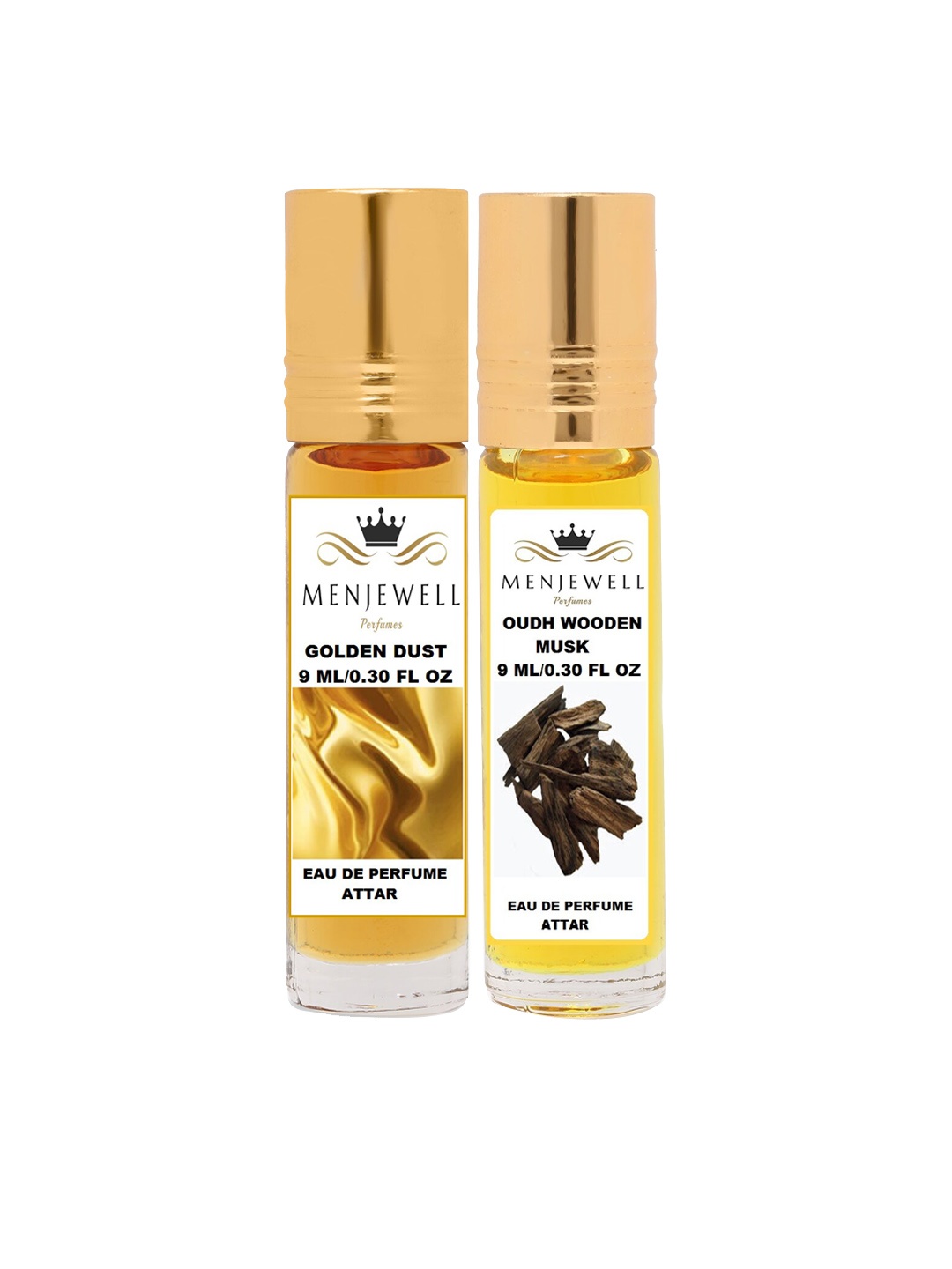 

Menjewell Pack of 2 Golden Dust & Oudh Wooden Musk Floral Attar, Transparent