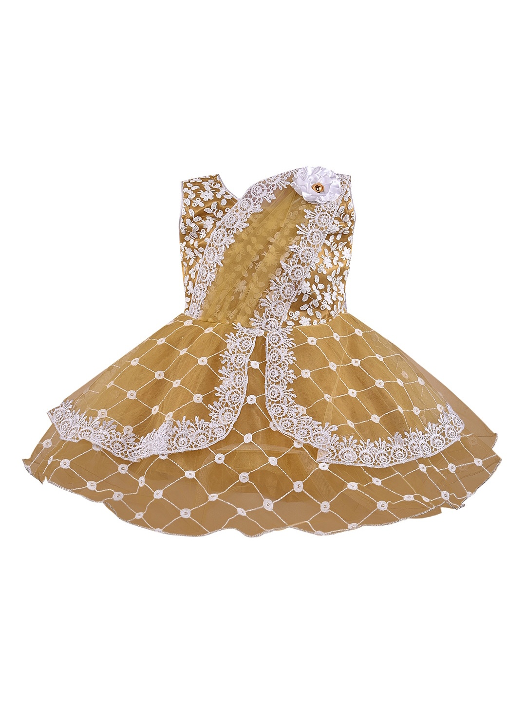 

Wish Karo Girls Mustard Yellow & White Self Design Fit and Flare Dress