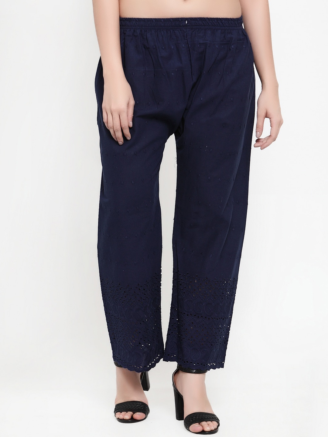 

Miaz Lifestyle Women Navy Blue Embroidered Straight-Fit Palazzos