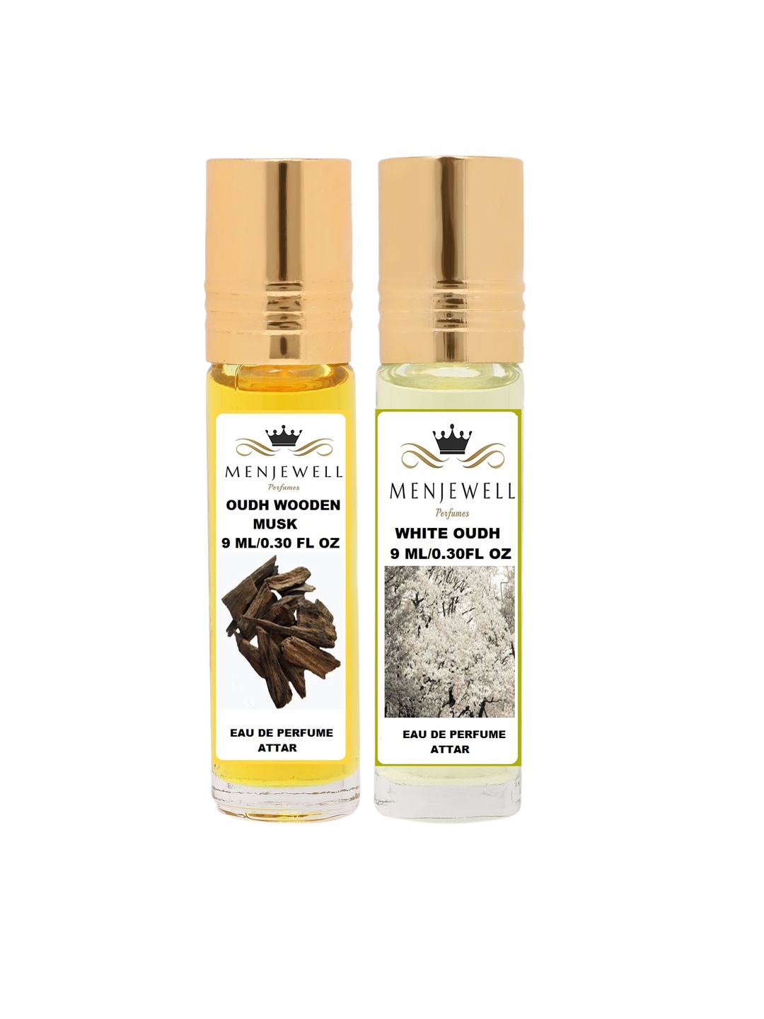 

Menjewell Oudh Wooden & White Oudh Attar Perfume Each 9ml, Transparent