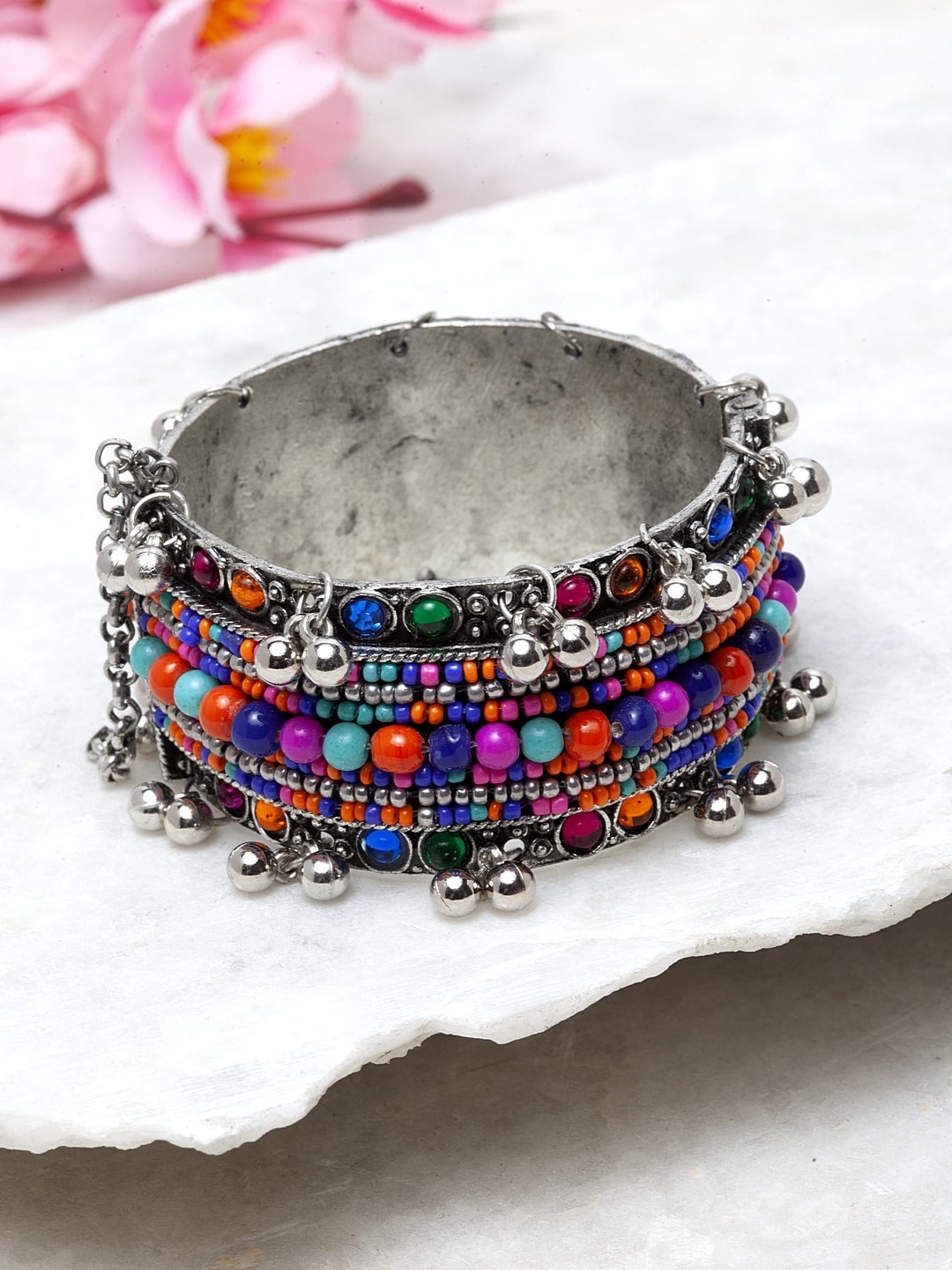 

Moedbuille Silver-Plated Multi-Coloured Beads & Stones Studded Afghan Antique Design Tribal Bracelet