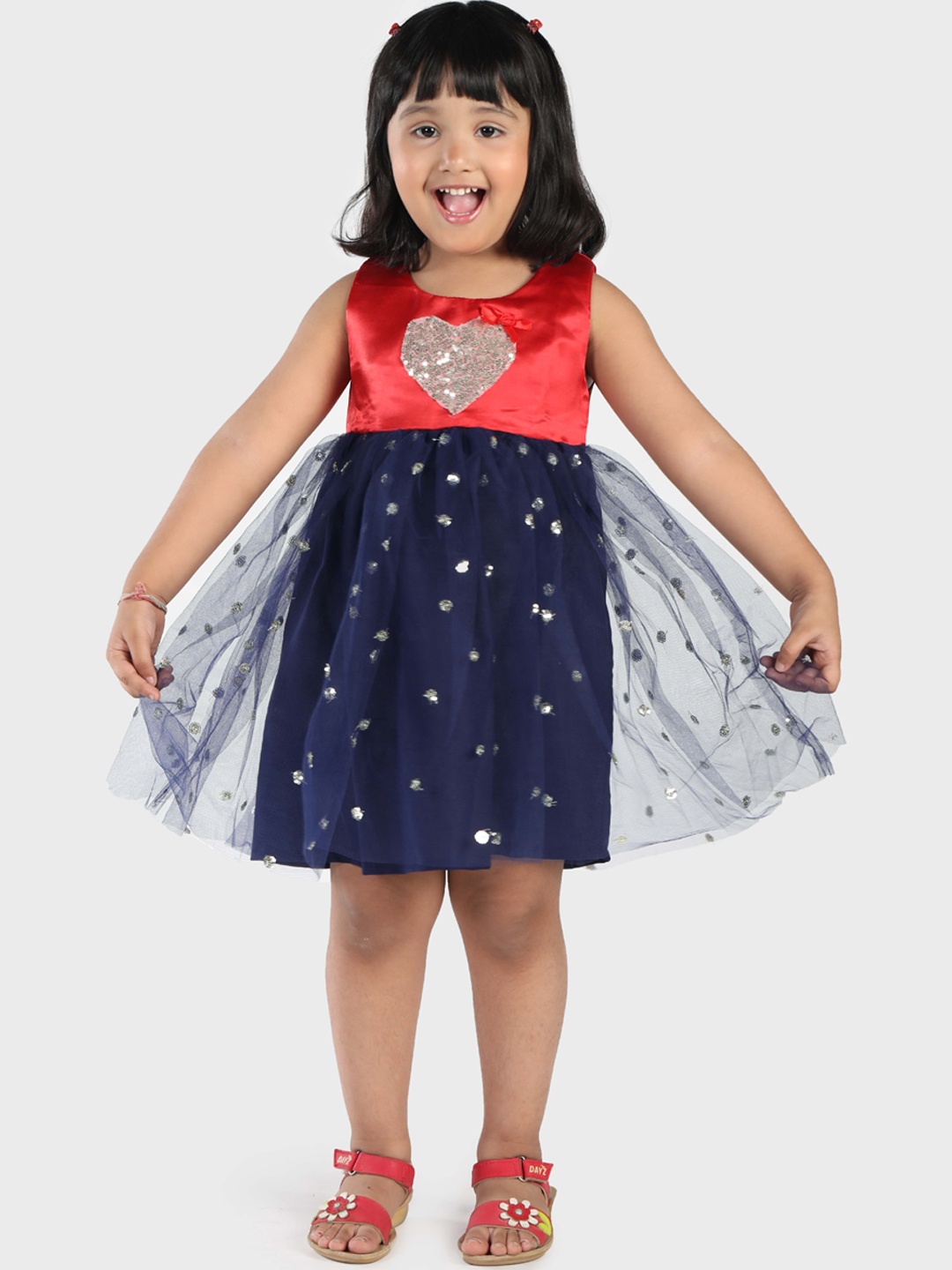

MANY FROCKS & Girls Red & Navy Blue Printed Fit and Flare Dress