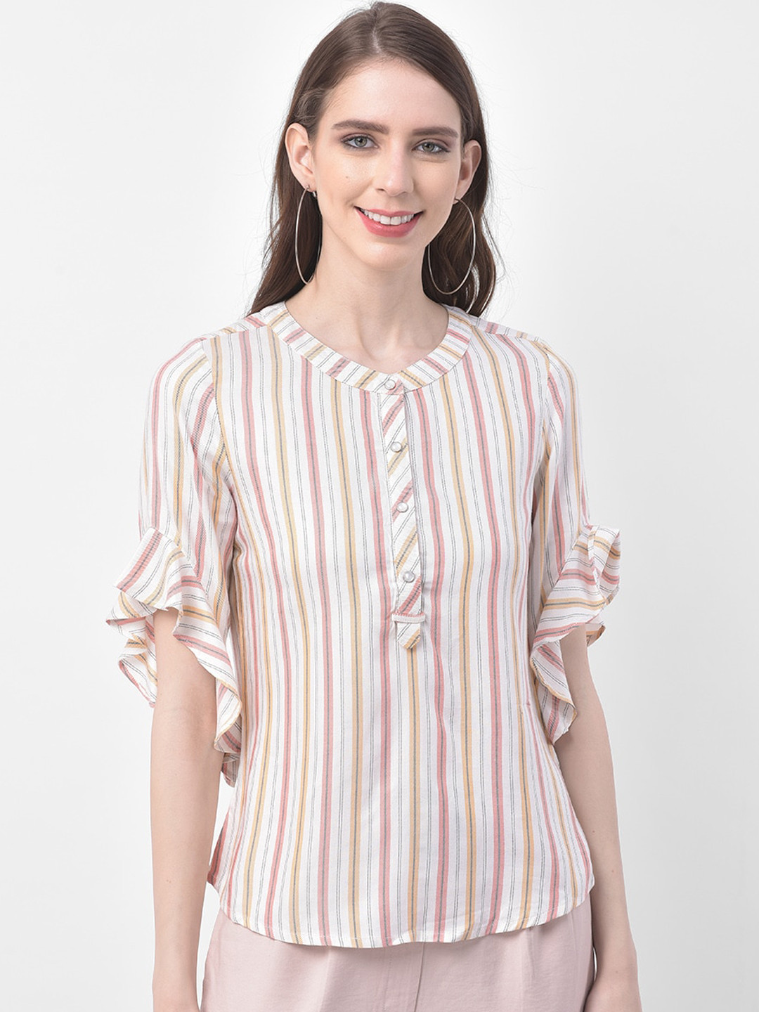 

Latin Quarters Women Off-White & Pink Striped Top