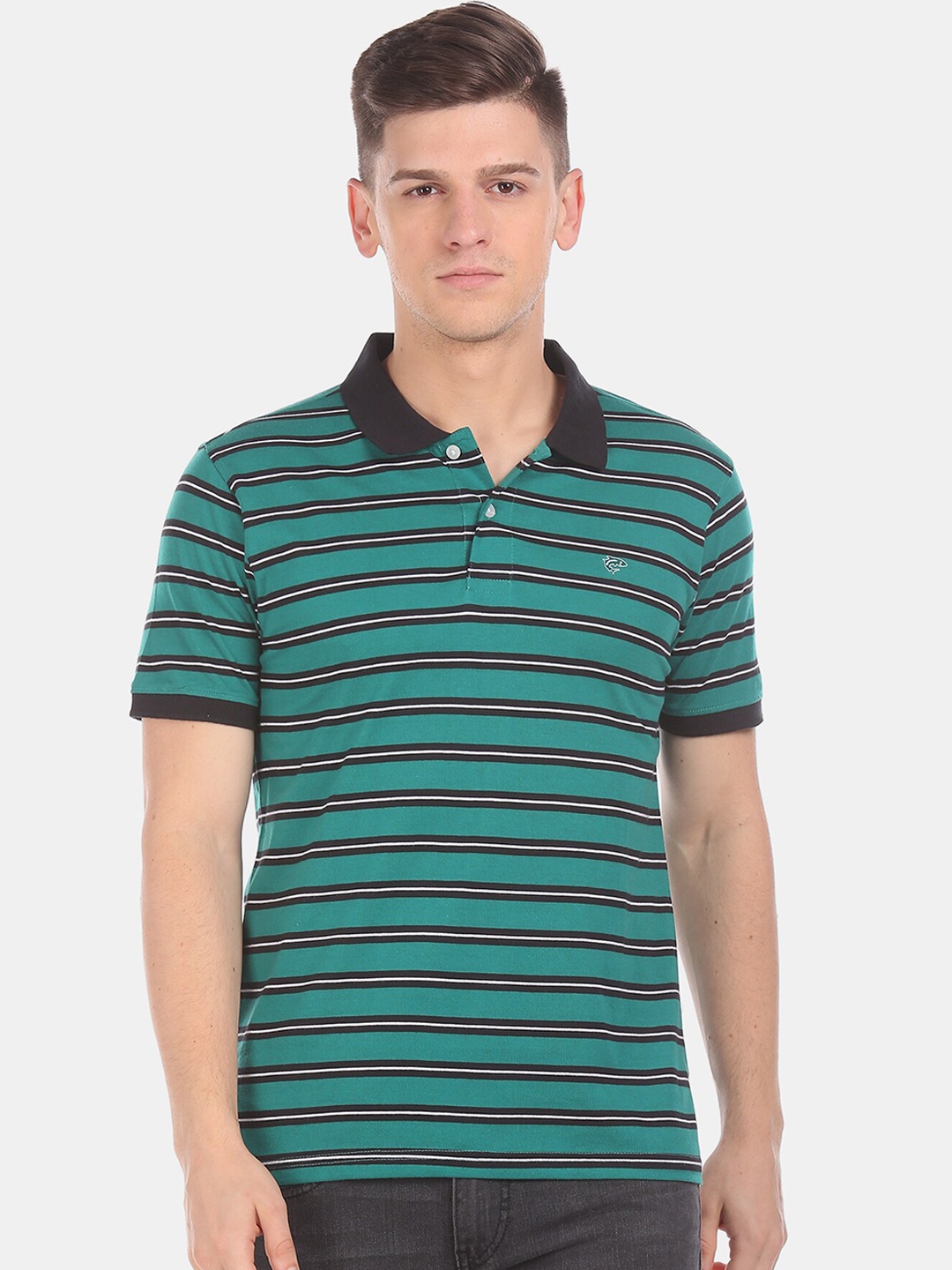 

Ruggers Men Teal Blue Striped Polo Collar T-shirt