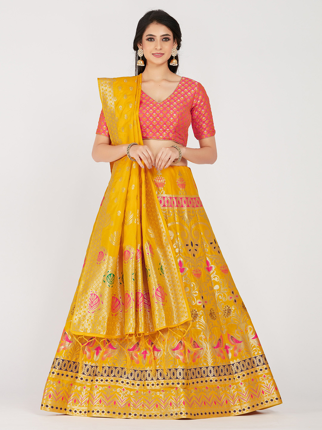 

MIMOSA Women Pink & Yellow Semi-Stitched Lehenga With Unstitched Blouse & Dupatta