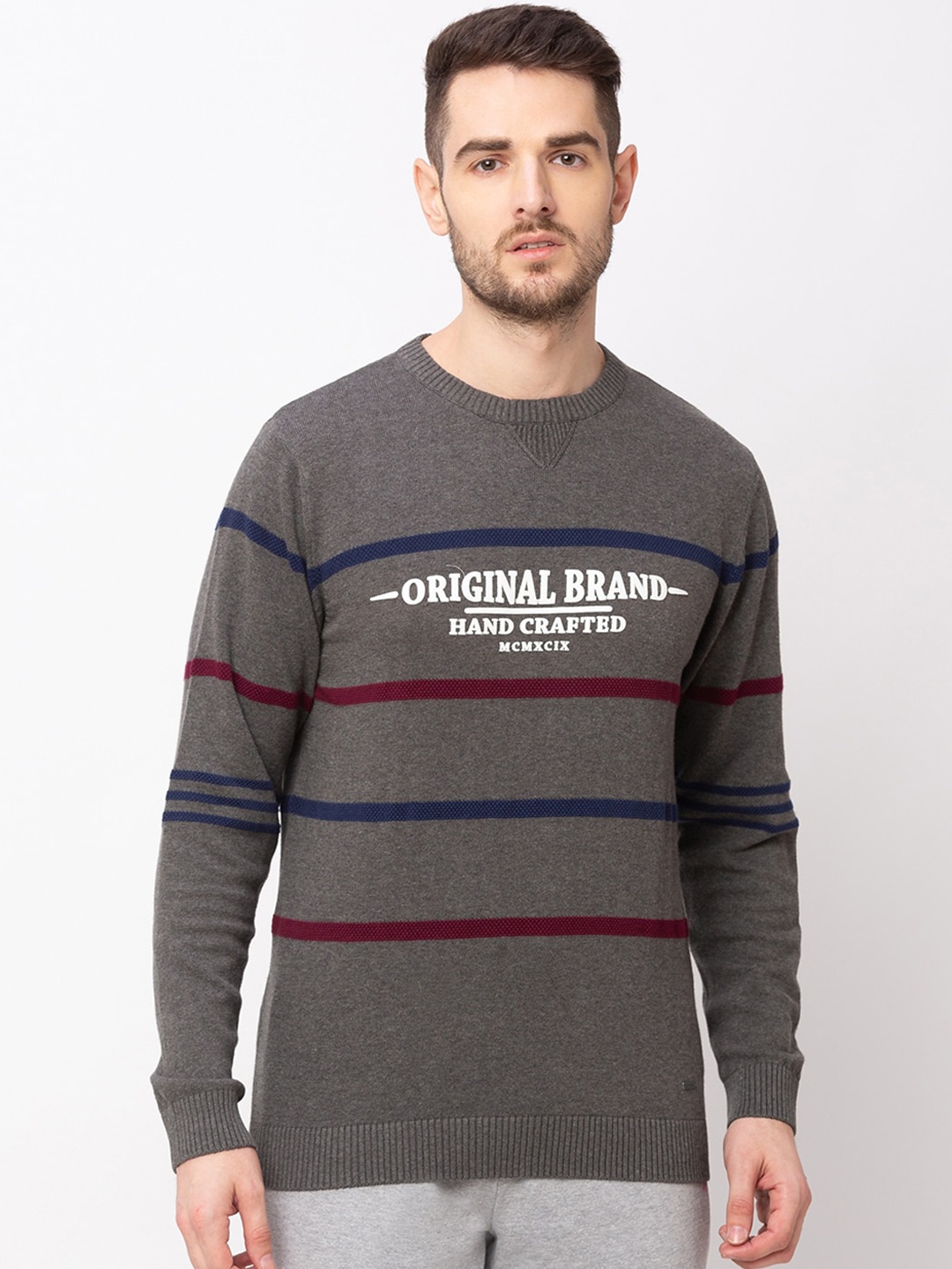 

Globus Men Grey Melange Striped Pullover