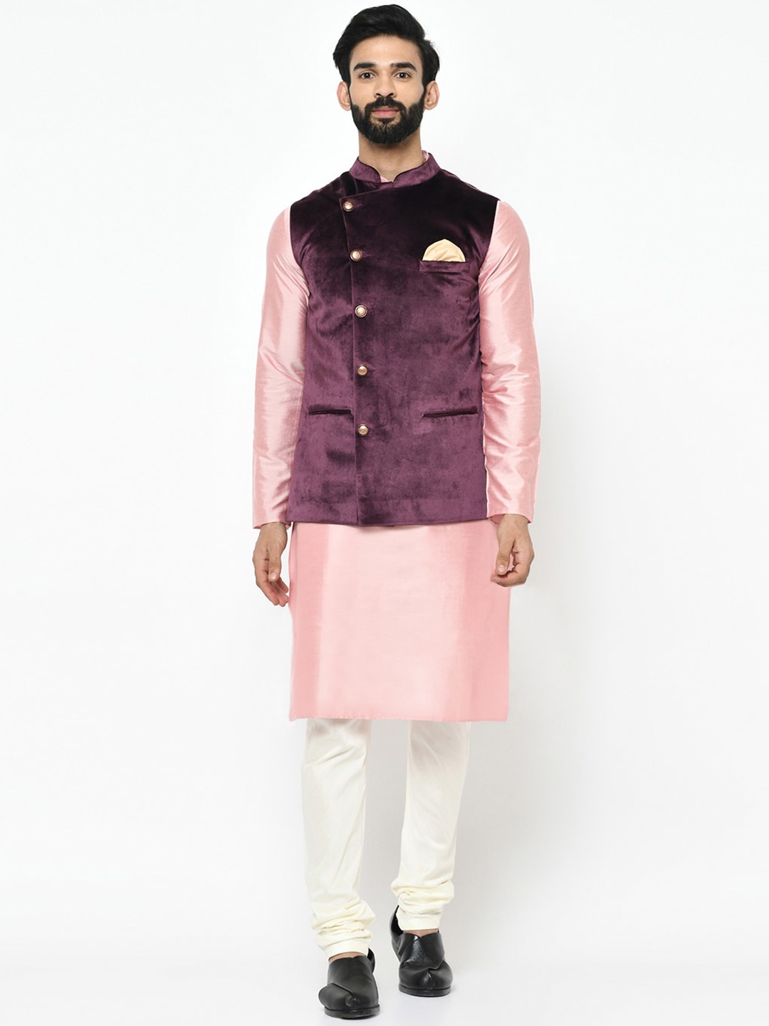

KISAH Men Pink & White Solid Velvet Kurta Set with Jacket