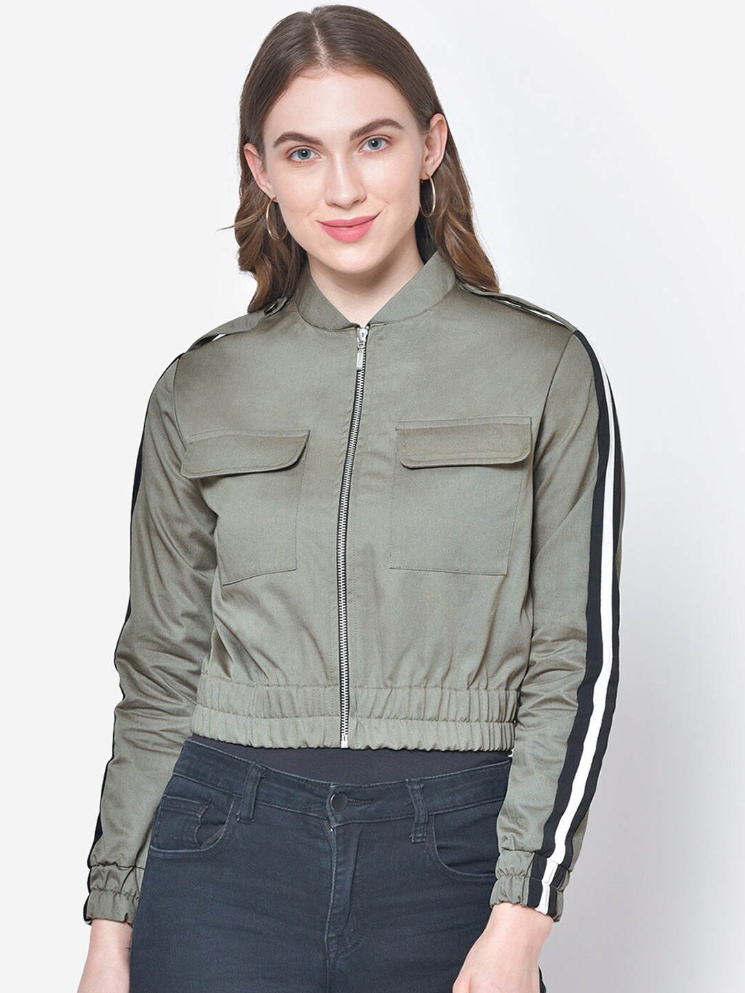 

Martini Women Olive Green Solid Sporty Jacket