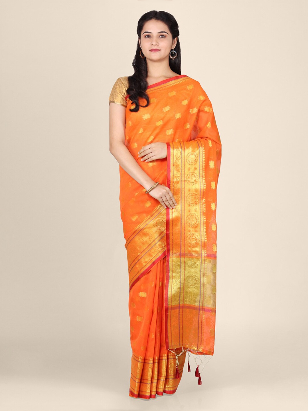 

CLAI WORLD Orange & Gold-Coloured Silk Blend Woven Design Handloom Saree
