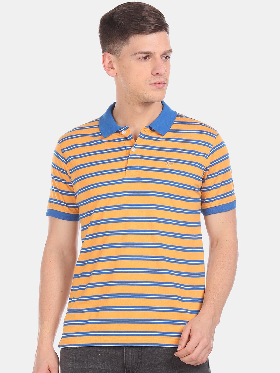 

Ruggers Men Orange Striped Polo Collar Pure Cotton T-shirt