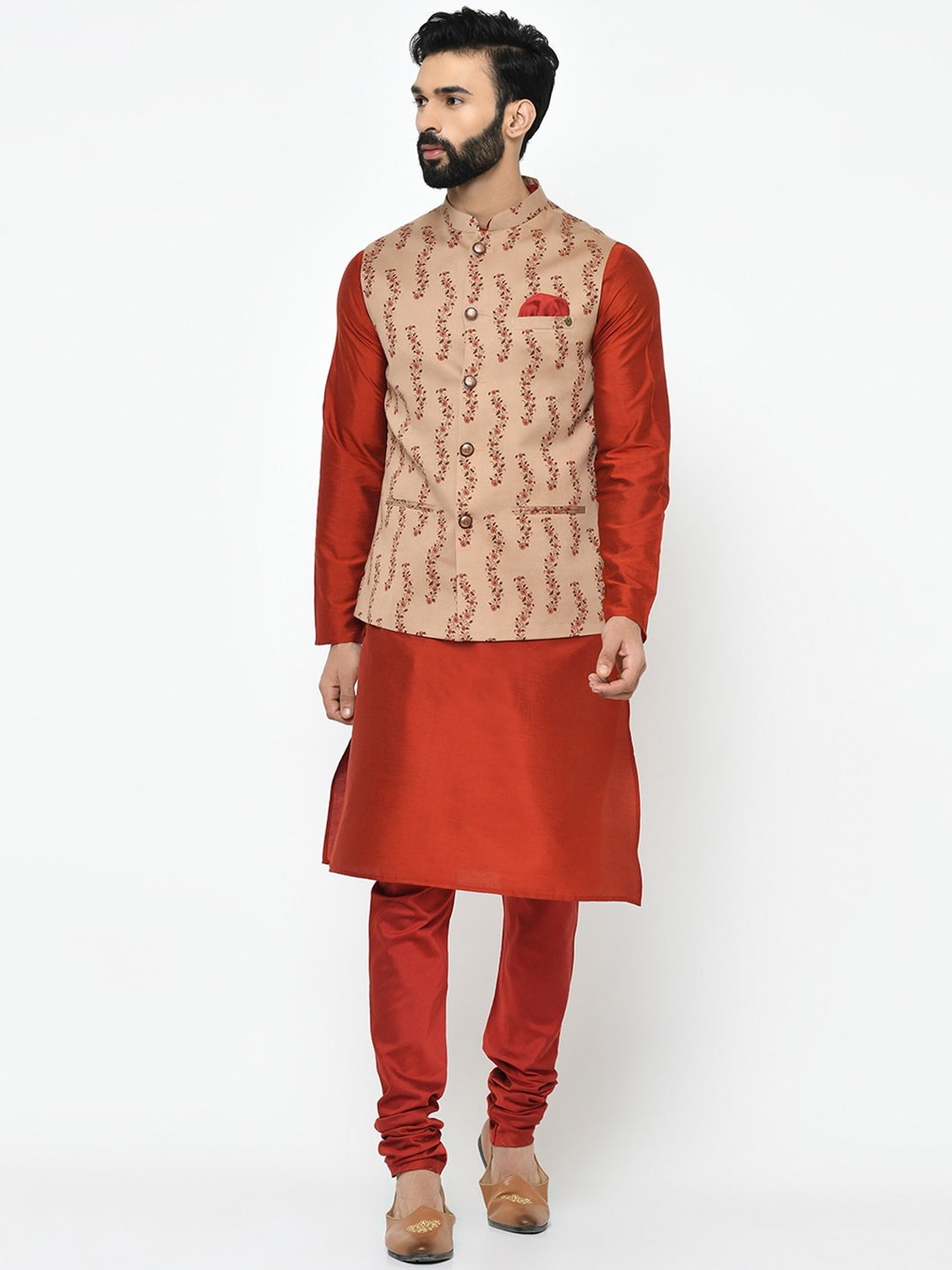 

KISAH Men Red & Brown Solid Kurta with Churidar & Nehru Jacket