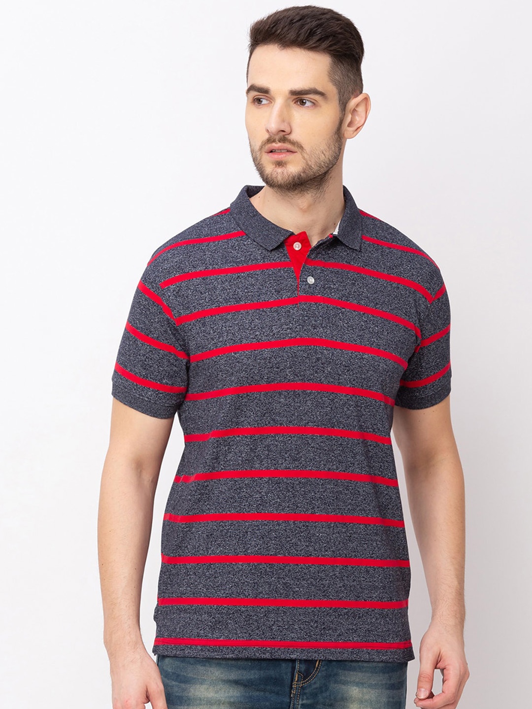 

Globus Men Grey Striped Polo Collar T-shirt