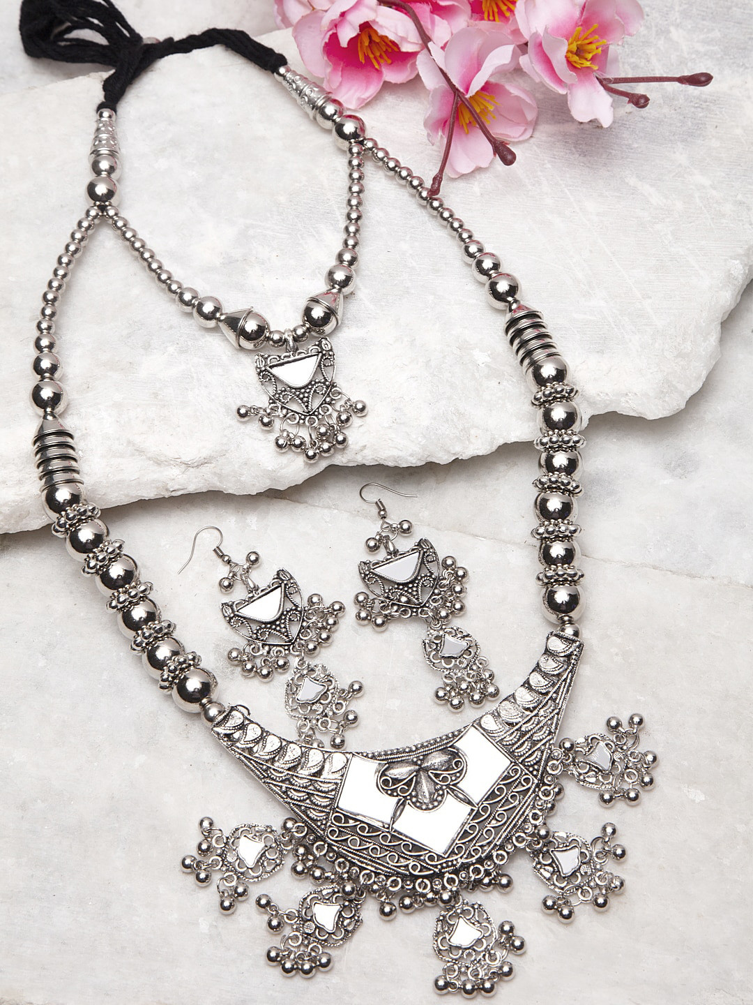 

Moedbuille Silver-Toned Mirror-Studded Layered Bohemian-Design Tribal Jewellery Set