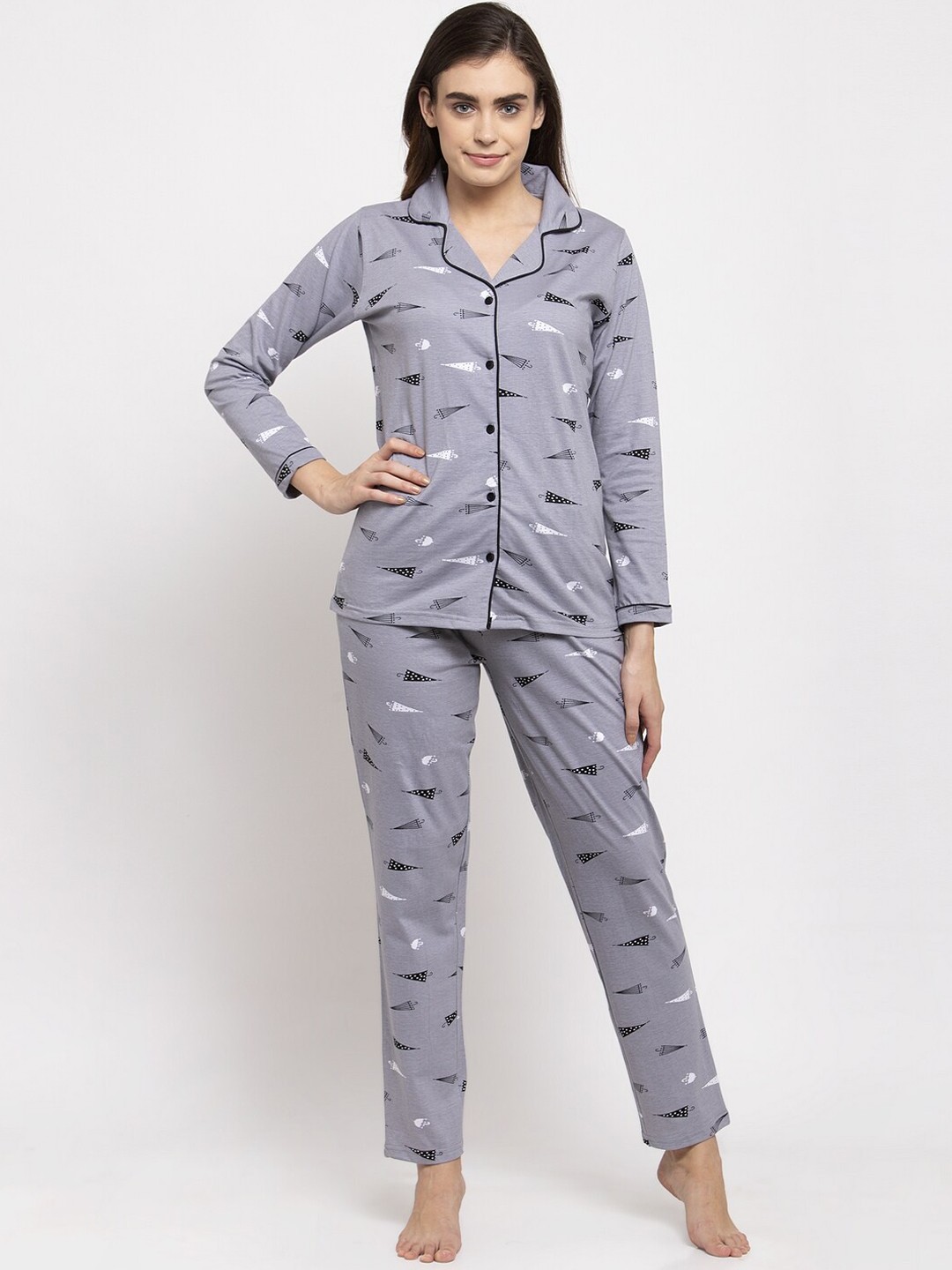 

Claura Women Grey & Black Printed Night suit