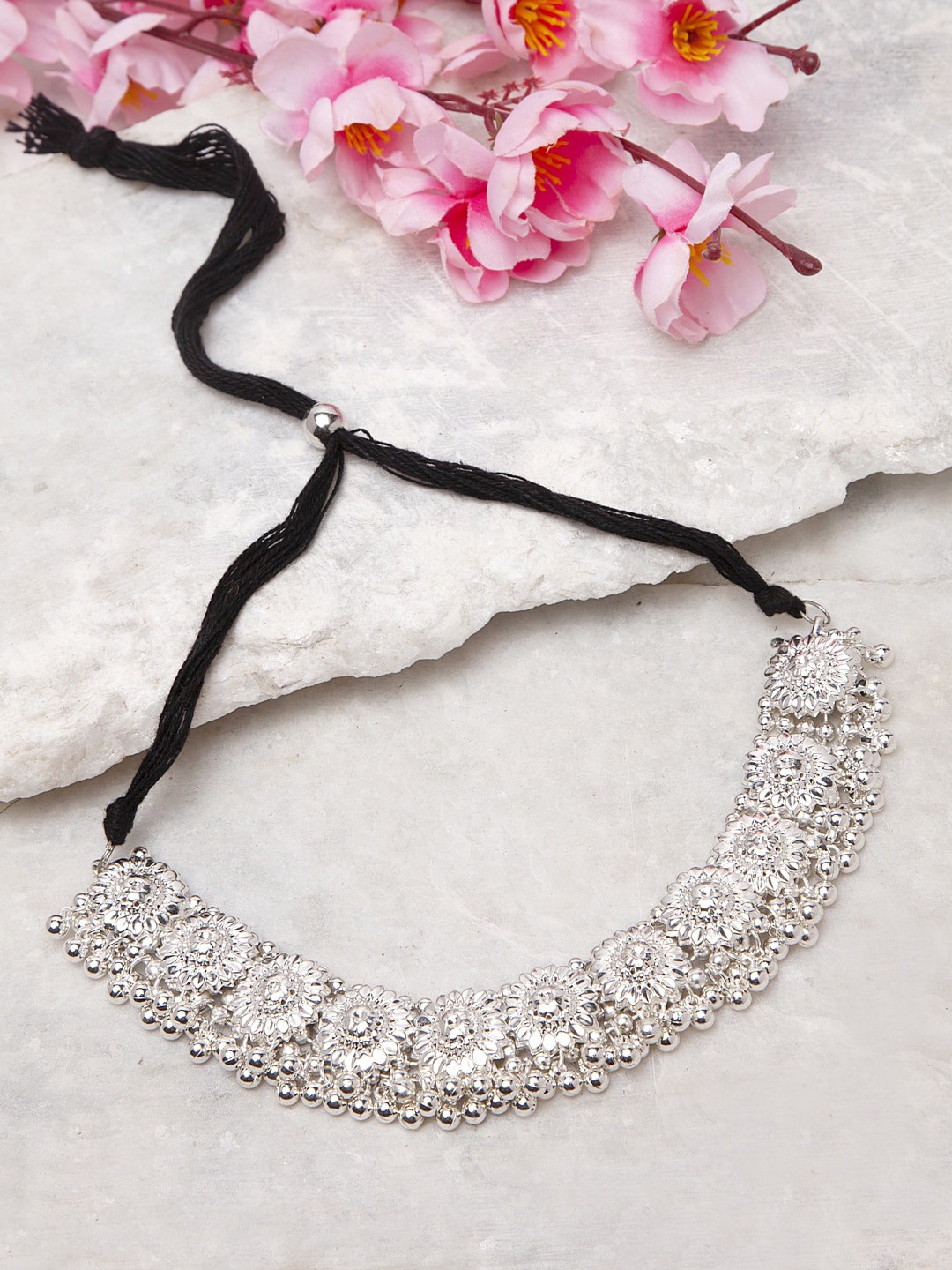

Moedbuille Silver-Plated Ghungroo Tribal Design Filigree Work Temple Choker Necklace