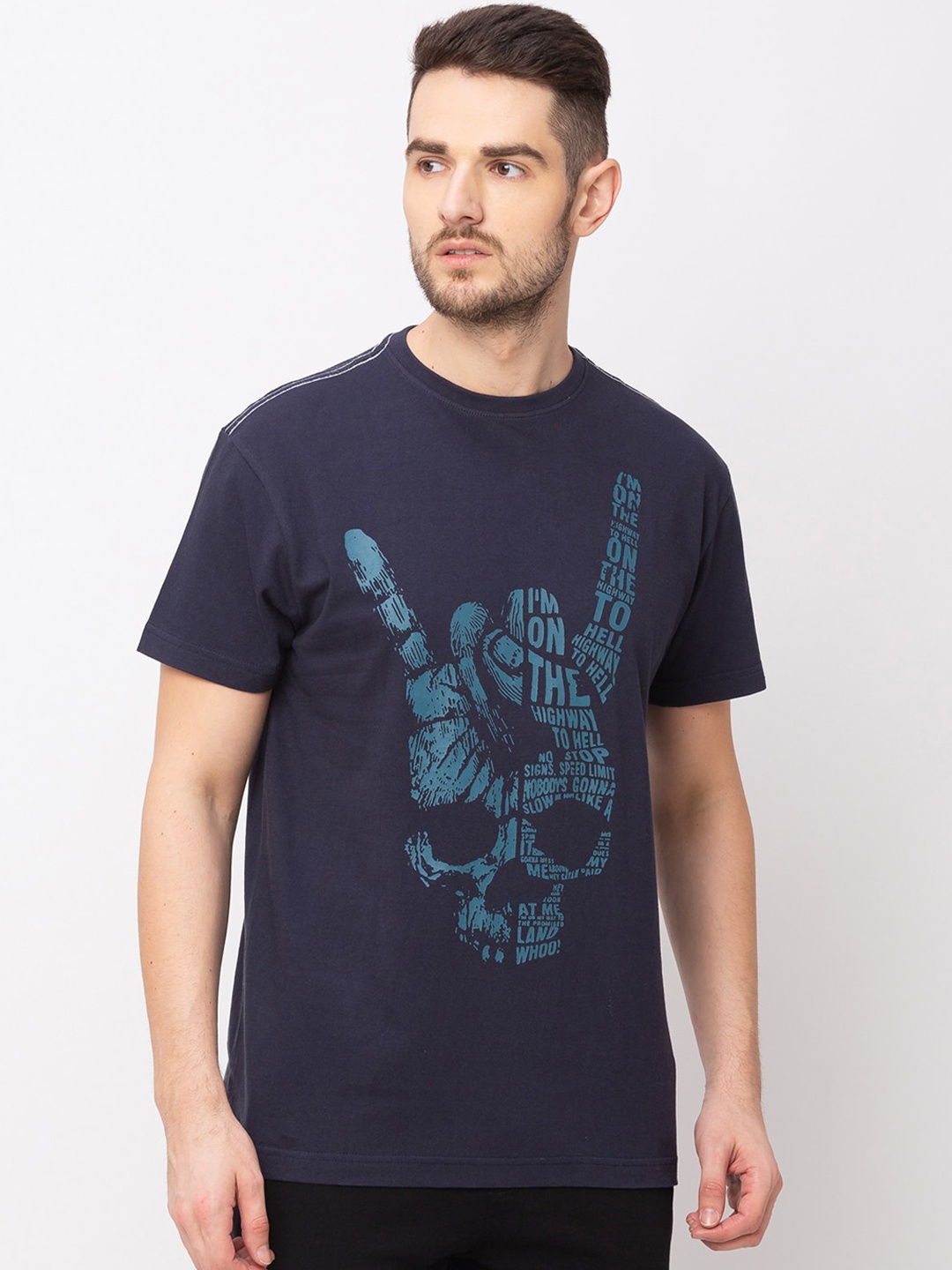 

Globus Men Navy Blue & Green Printed Round Neck T-shirt