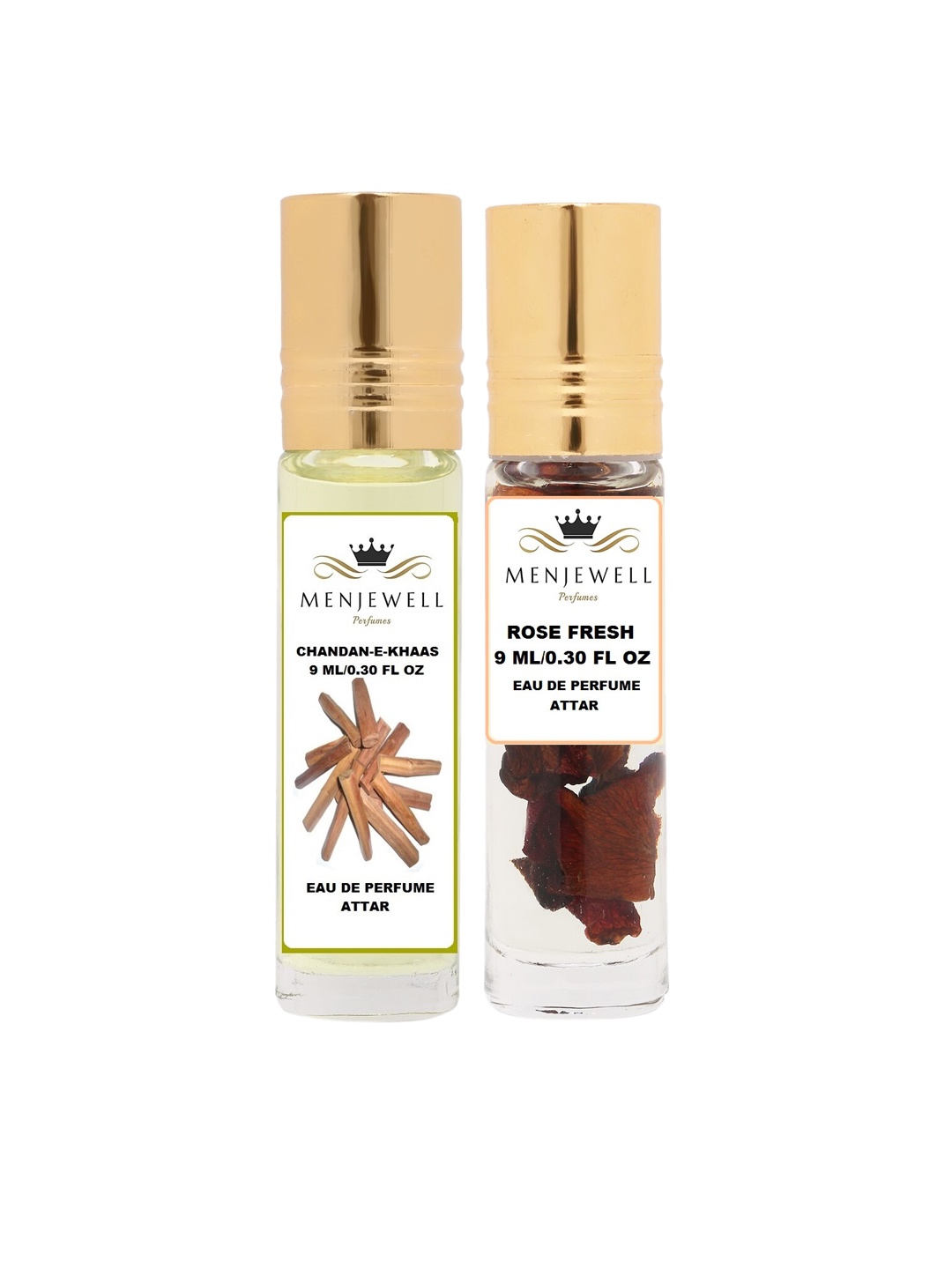

Menjewell Chandan-E-Khaas & Rode Fresh Attar Perfume Each 9ml, Transparent