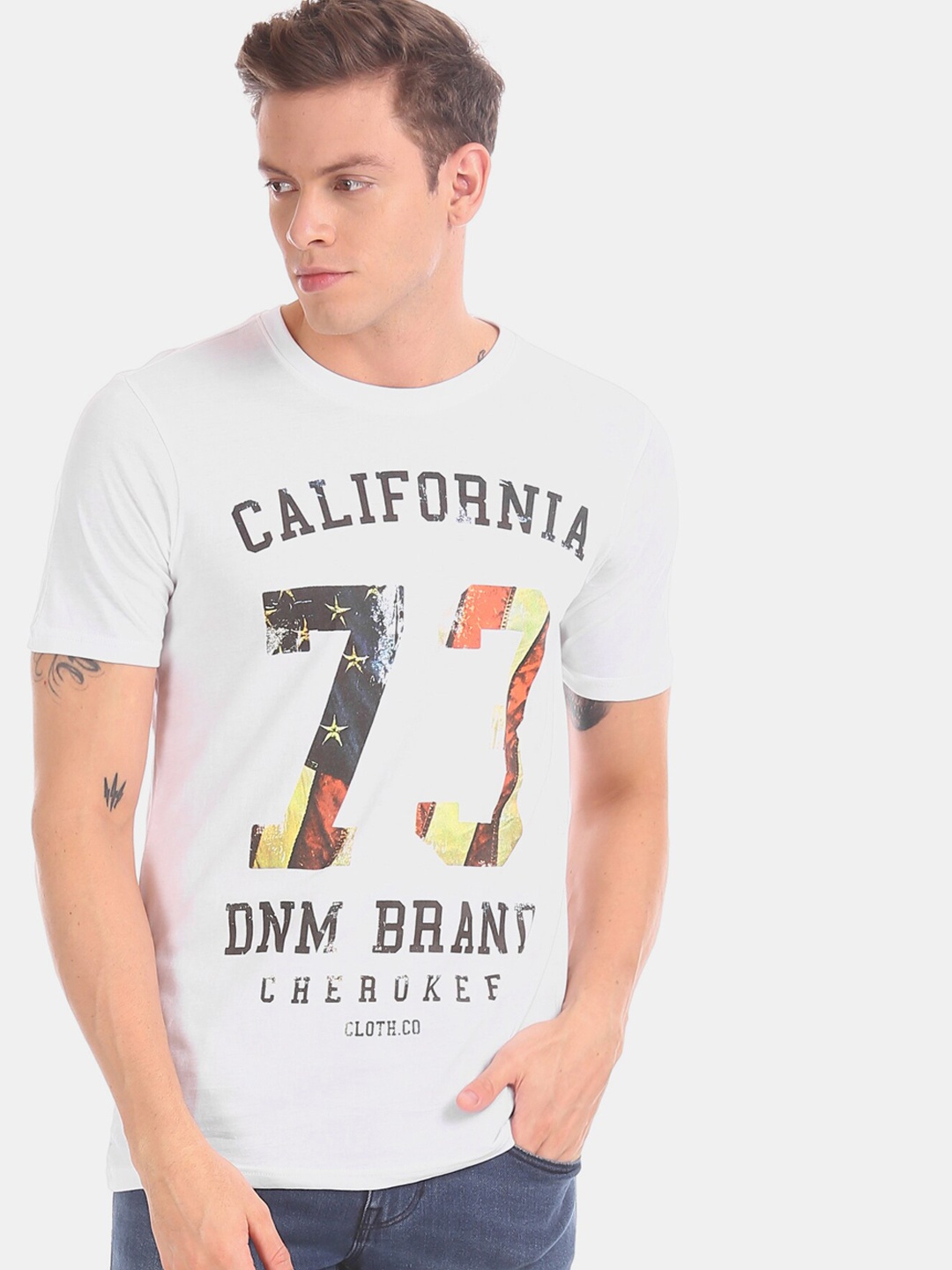 

Cherokee Men Off-White Printed Round Neck Pure Cotton T-shirt