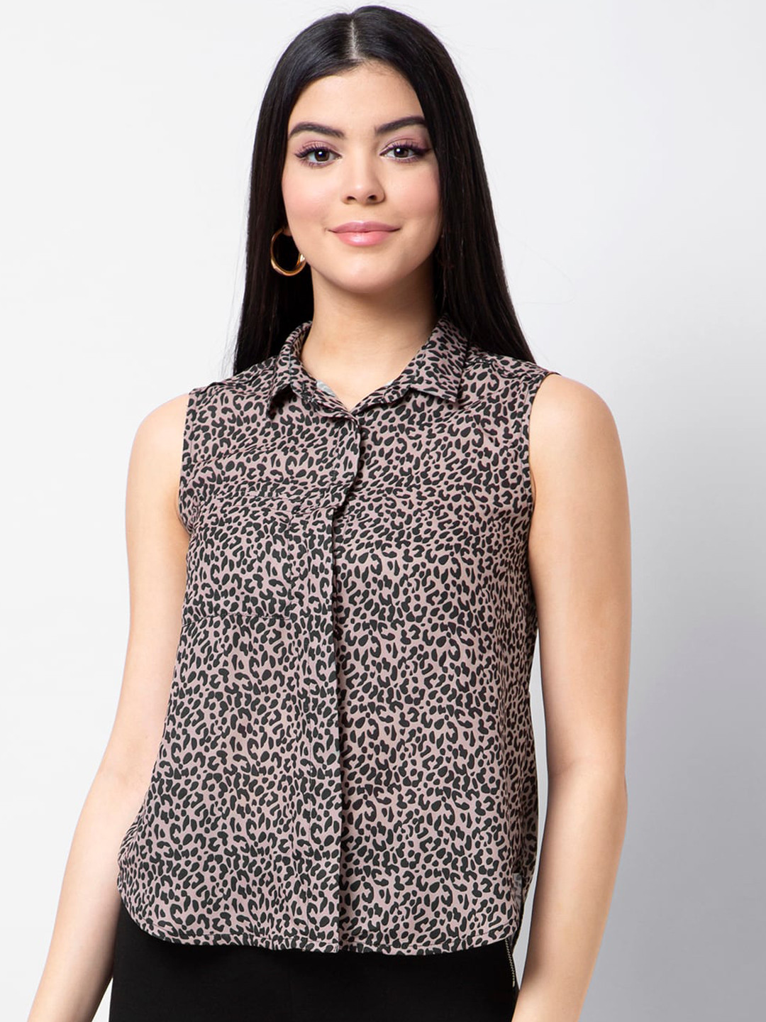 

FabAlley Women Beige & Black Printed Shirt Style Top