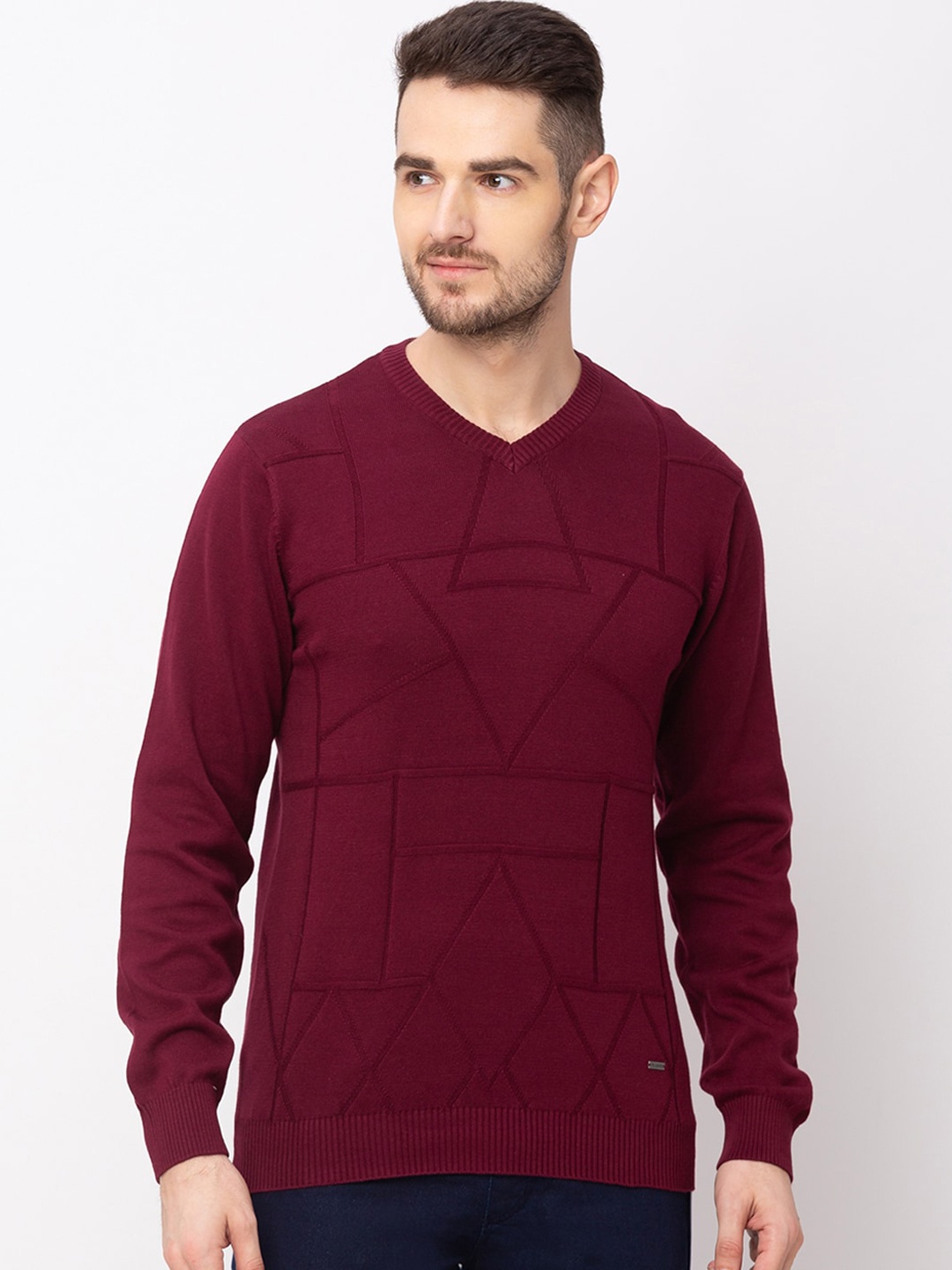 

Globus Men Maroon Self Design Pullover Sweater