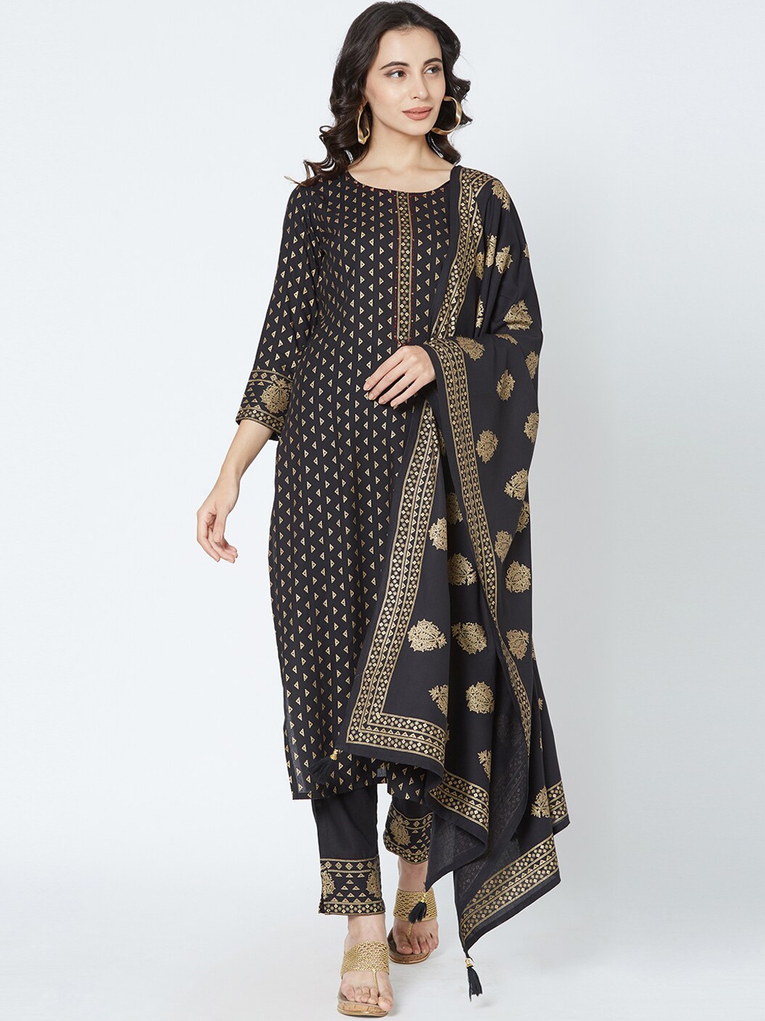 

FASHOR Women Black & Gold-Toned Printed Kurta with Trousers & Dupatta