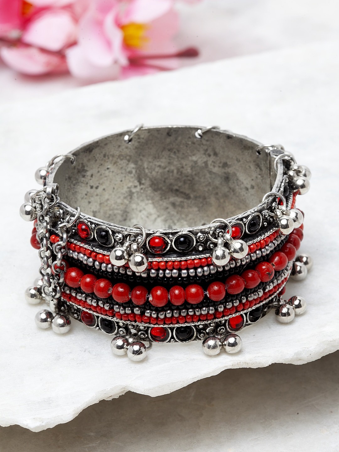 

Moedbuille Handcrafted Silver-Plated Red & Black Beads & Stone Studded Afghan Antique Design Brass Tribal Oxidised Bracelet