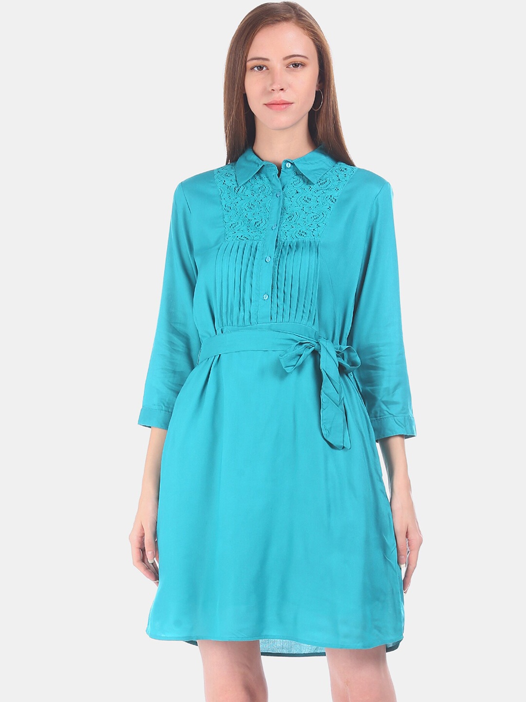 

Bronz Women Turquoise Blue Solid Shirt Dress